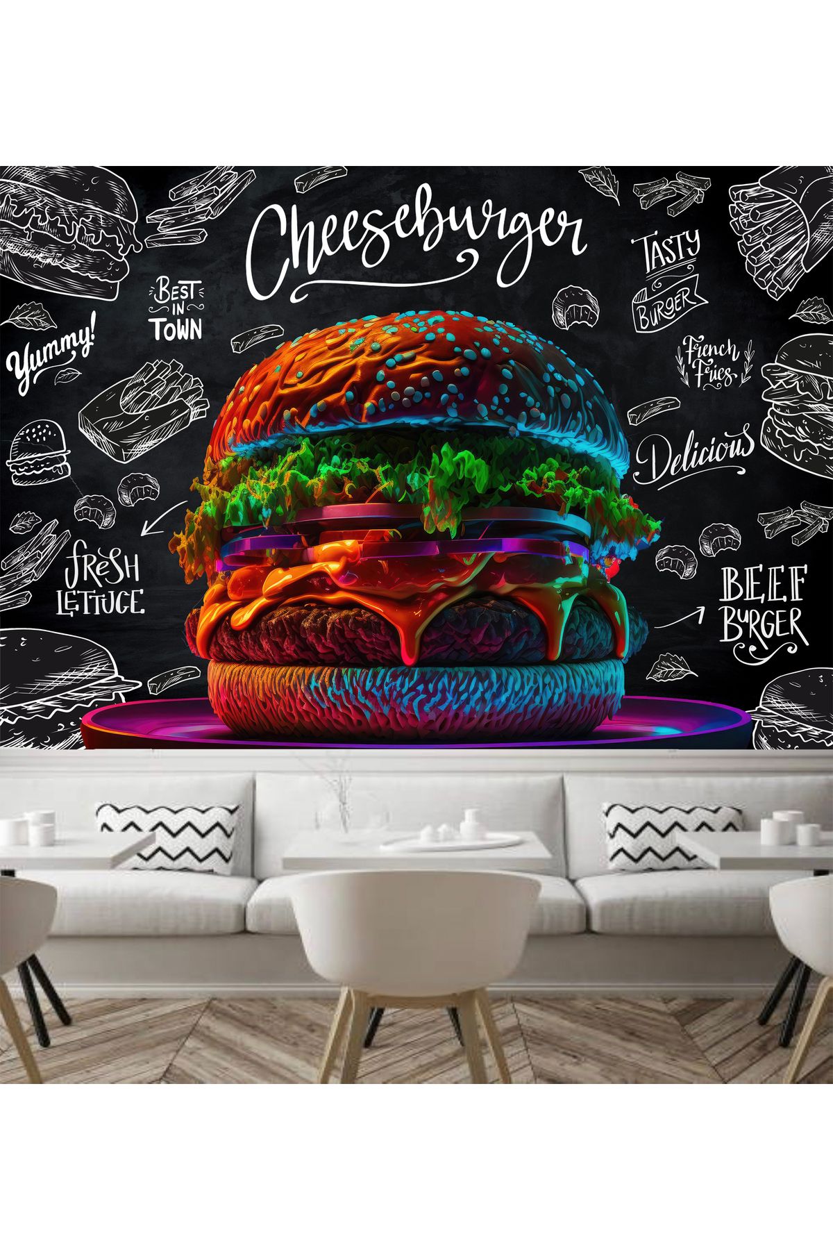 KKTS Neon Hamburger Restaurant Chalkboard Duvar Kağıdı-Cafe Restaurant Duvar Kağıdı