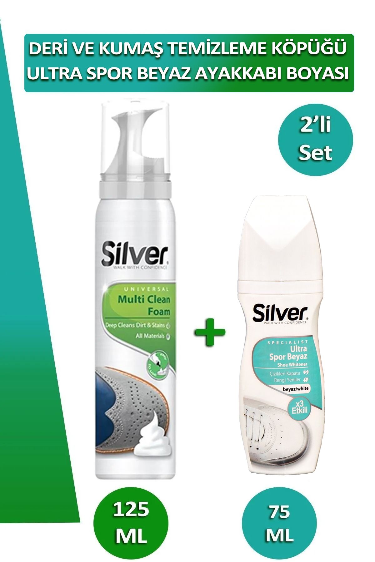 Silver Spor Ayakkabı Deri Ve Kumaş Temizleme Köpüğü Güçlendirilmiş Ultra Beyaz Spor Ayakkabı Boyası 2li Set