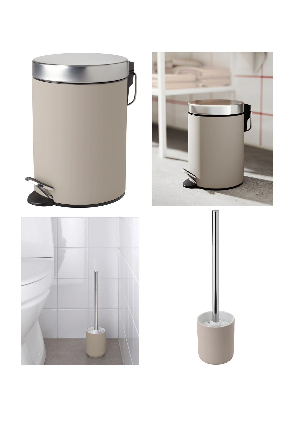 IKEA 2'li Banyo Seti - Banyo Çöp Kutusu / Kovası 3 lt ve Tuvalet Fırçası 38cm - Bej