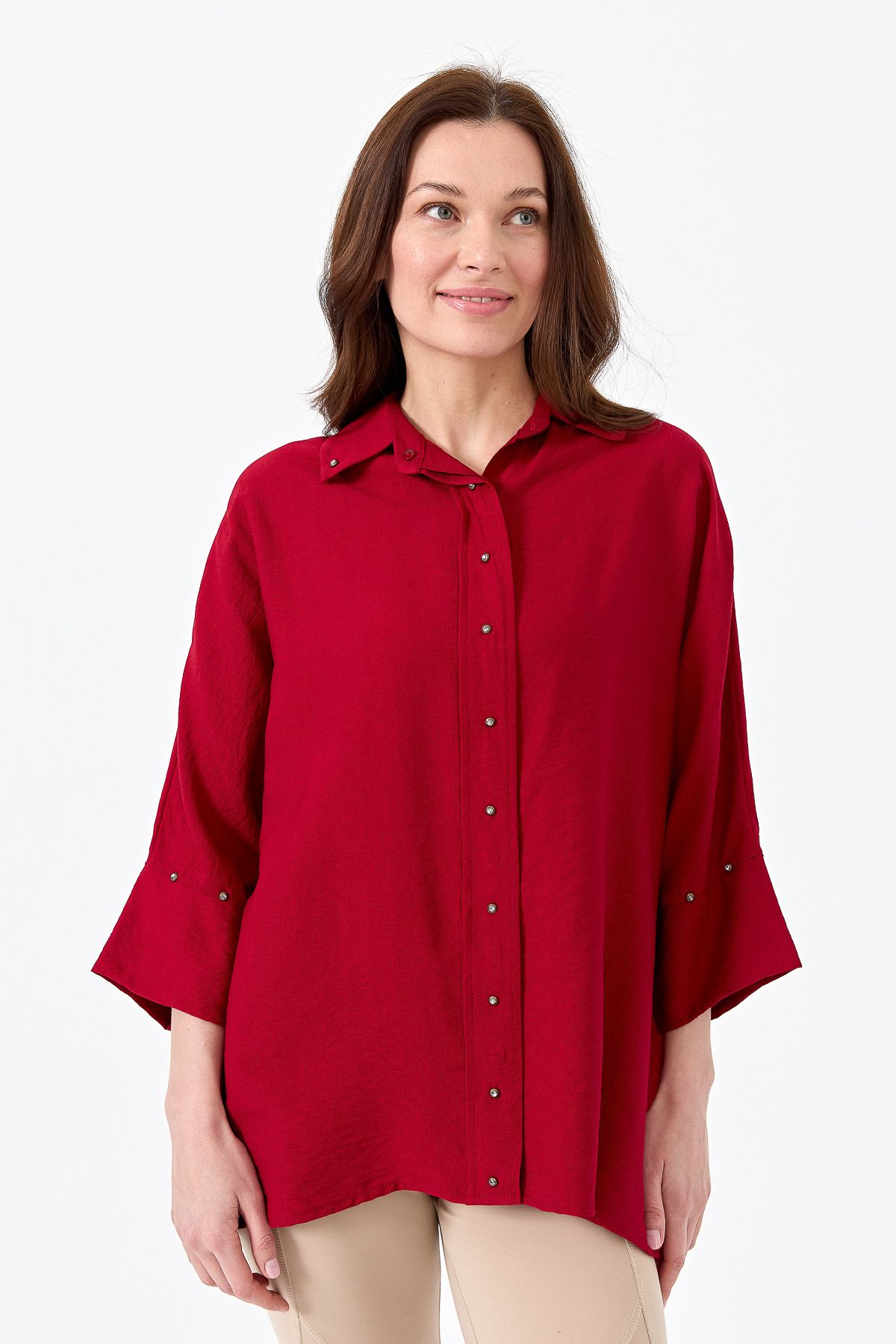 Desen Triko Kadın Yarasa Kol Keten Gömlek Kırmızı