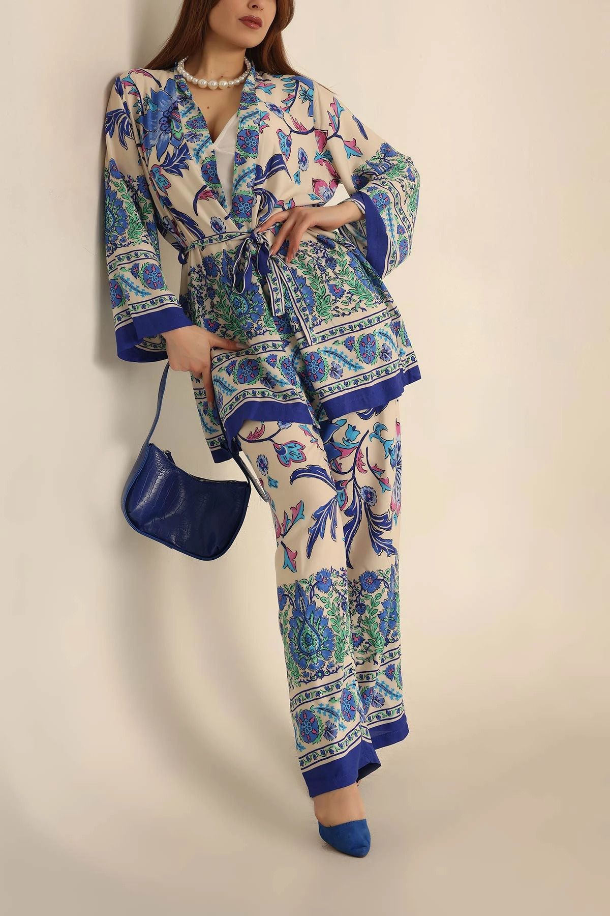 VıoShıne Kadın Bağlamalı Viskon Kimono Takım