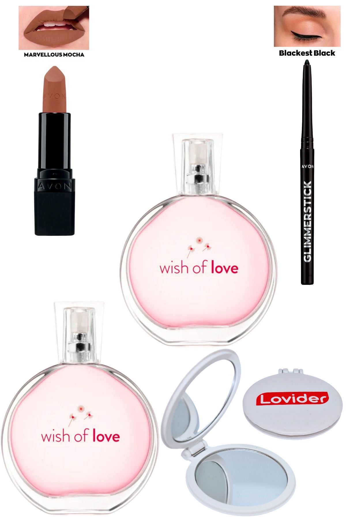 Avon Wish Of Love Kadın Parfüm 50 ml x 2 Adet Marvellous Mocha Ruj Siyah Göz Kalemi Lovider Cep Ayna