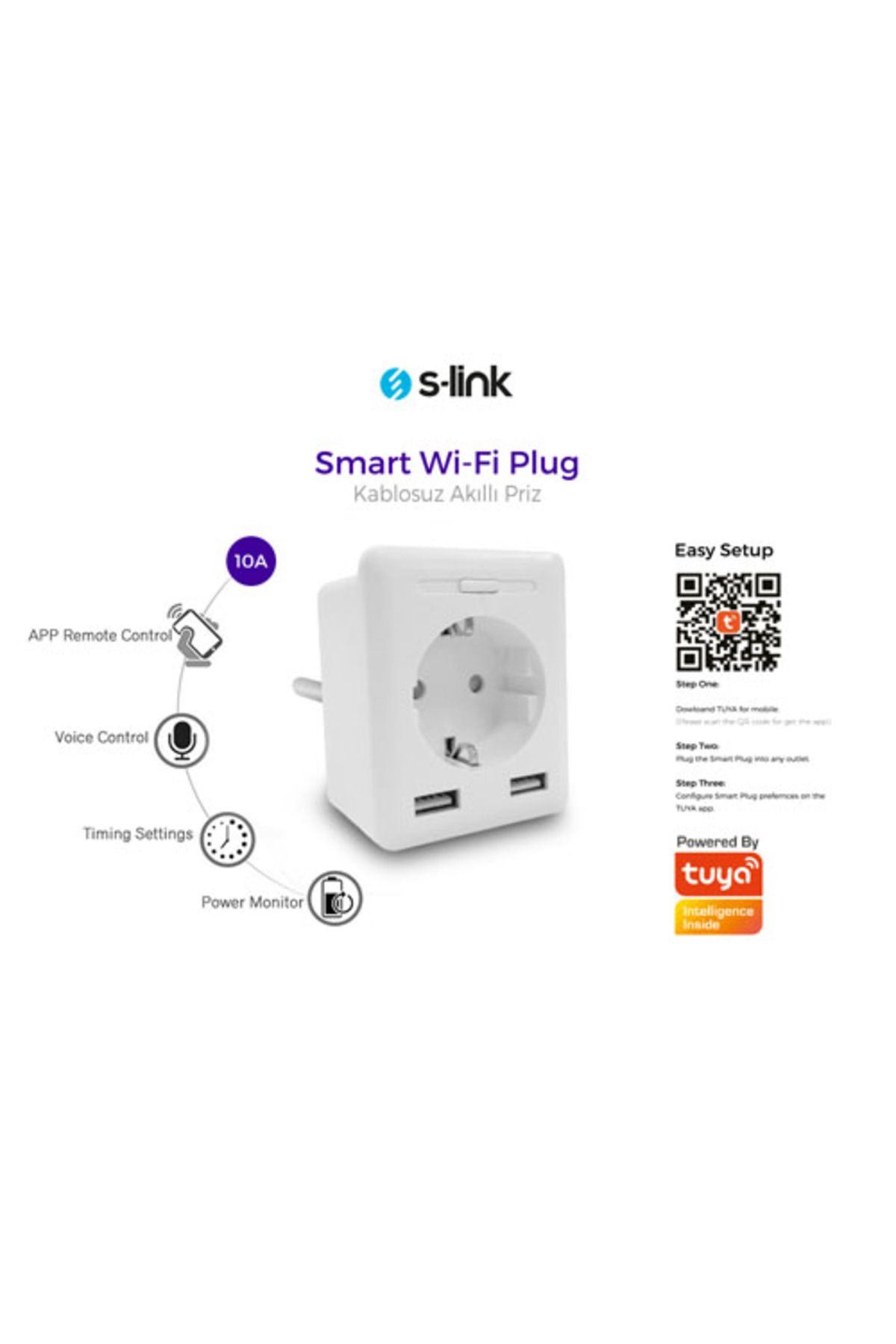 S-Link SWAPP SL-04 1 Priz 10A AKIM KORUMALI AKILLI PRIZ 2.4 GHZ WIFI TUYA DE 2 USB