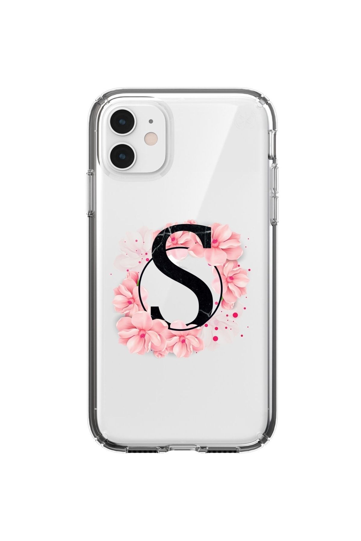 mooodcase Iphone 11 Uyumlu  Pembe Çiçek Desen S Harfli Şeffaf Kılıf