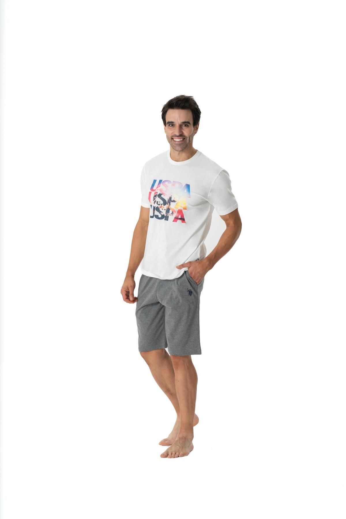 U.S. Polo Assn. U.S. Polo Assn. Erkek Yuvarlak Yaka Ekru T-shirt & Şort Yazlık Pijama Takımı