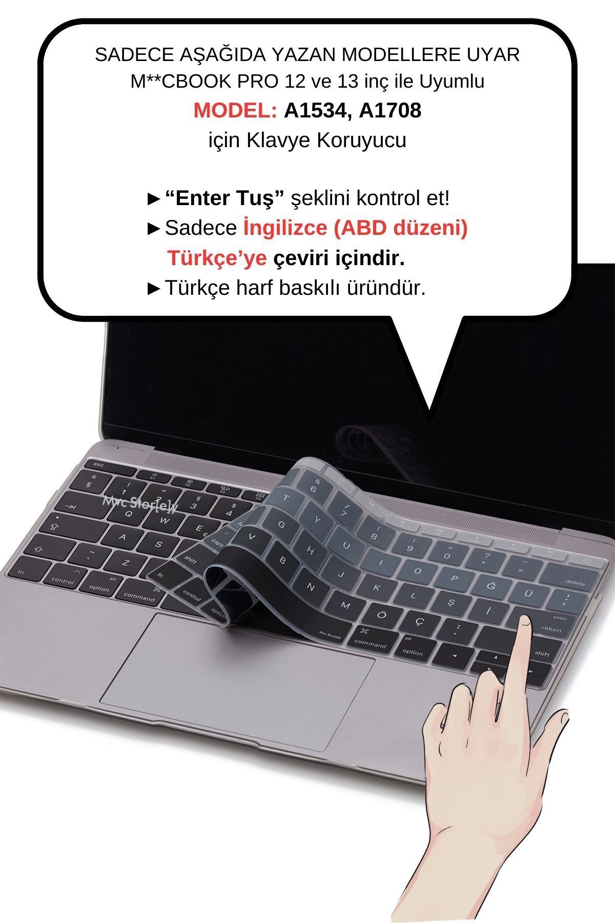 Mcstorey Laptop Macbook Pro Uyumlu Klavye Koruyucu A1708 A1534 US İngilizce-Türkçe Baskı Ombre