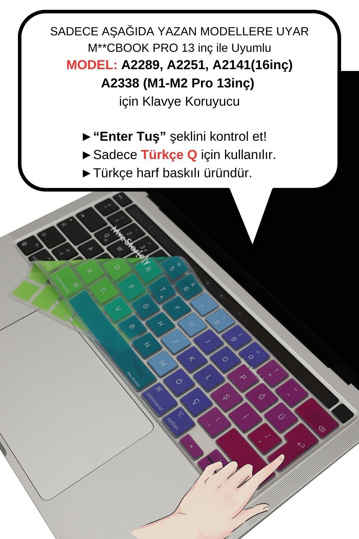 Mcstorey Macbook Pro Klavye Koruyucu 13inç M1-m2 Için (TÜRKÇE Q) A2338 A2289 A2251 A2141 Ile Uyumlu Dazzle