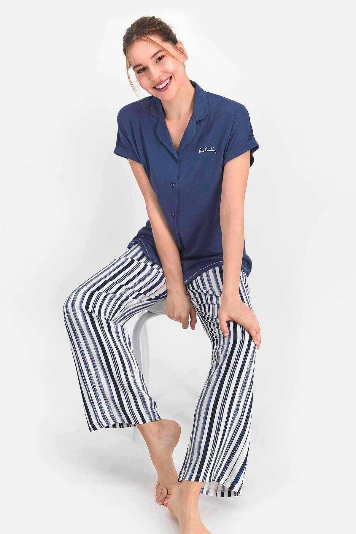Pierre Cardin Kadın Indigo Striped Dark Gömlek Pijama - Pc7727-s