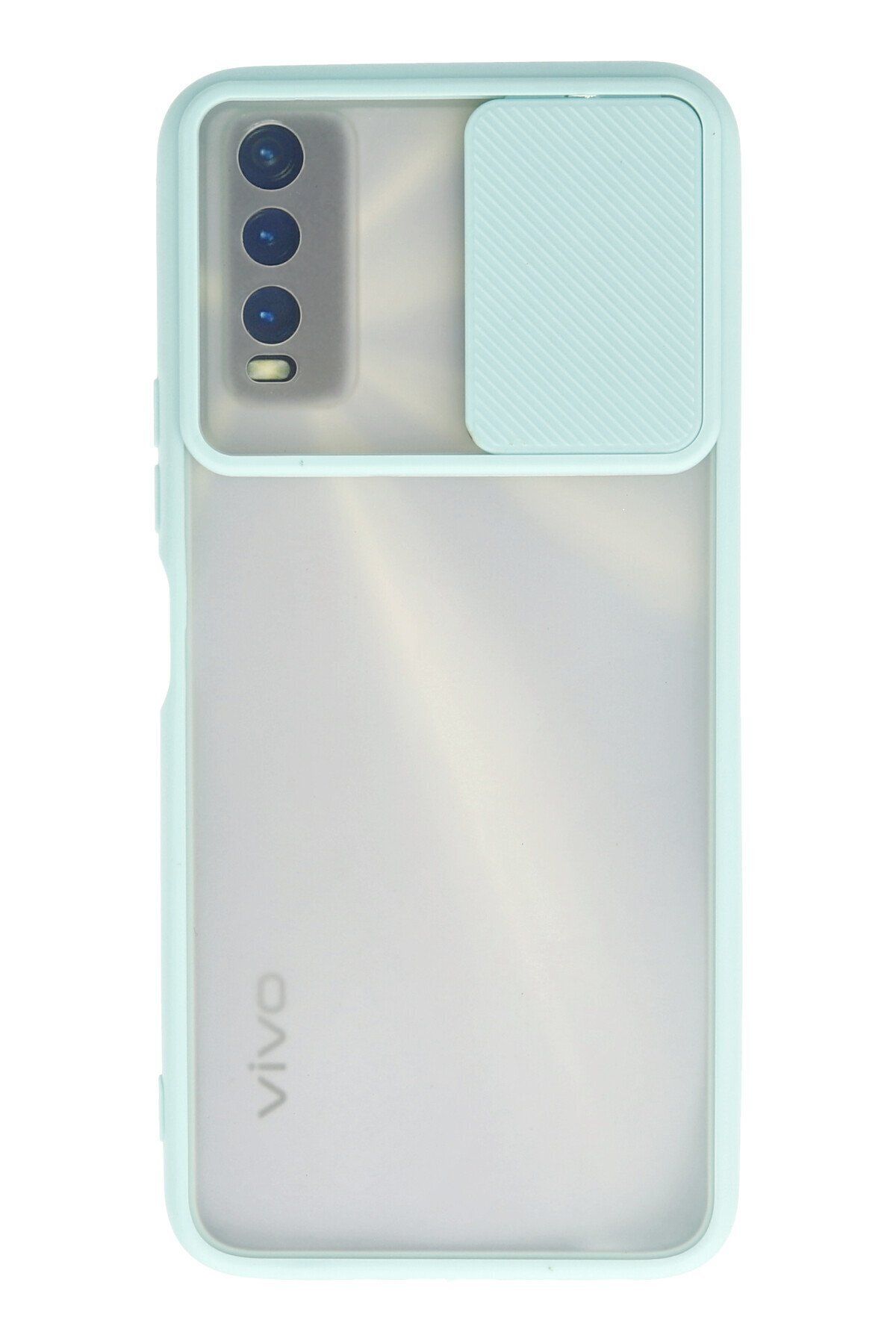 cepmoda Vivo Y20 Turkuaz Renk Kamera Sürgülü Telefon Kılıfı - Buzlu Mat Kapak