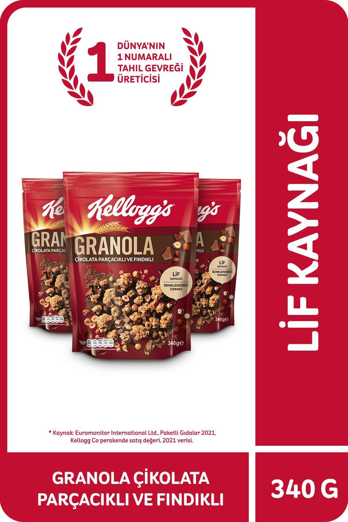 Kellogg's Çikolata Parçacıklı&fındıklı Granola 340 gr X3 Adet,%44 Yulaf Içerir,lif Kaynağı