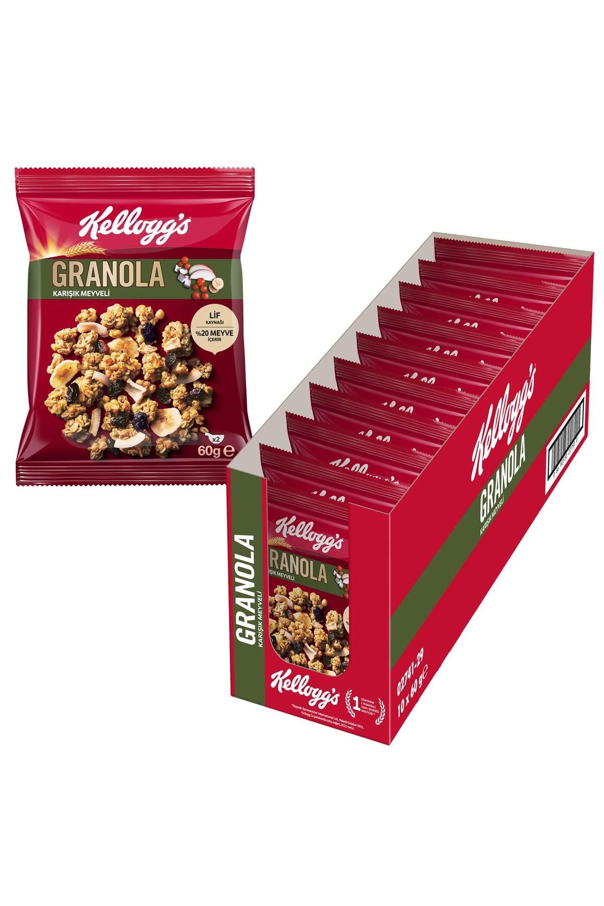 Kellogg's Granola Karışık Meyveli 60 gr X 10 Adet, %45 Yulaf Içerir, %20 Kurutulmuş Meyve, Granola Kap Hediye!