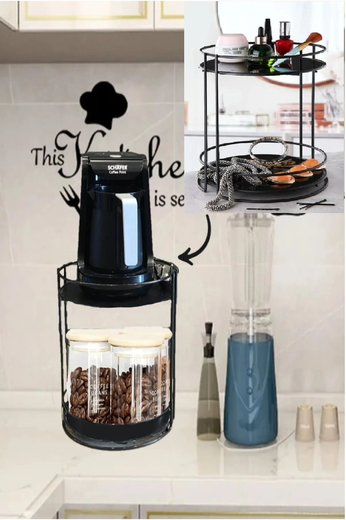 Bayev Yuvarlak 2 Katlı Metal Tezgah Üstü Stand Mutfak Düzenleyici Kahve Ve Çay Makinası Rafı