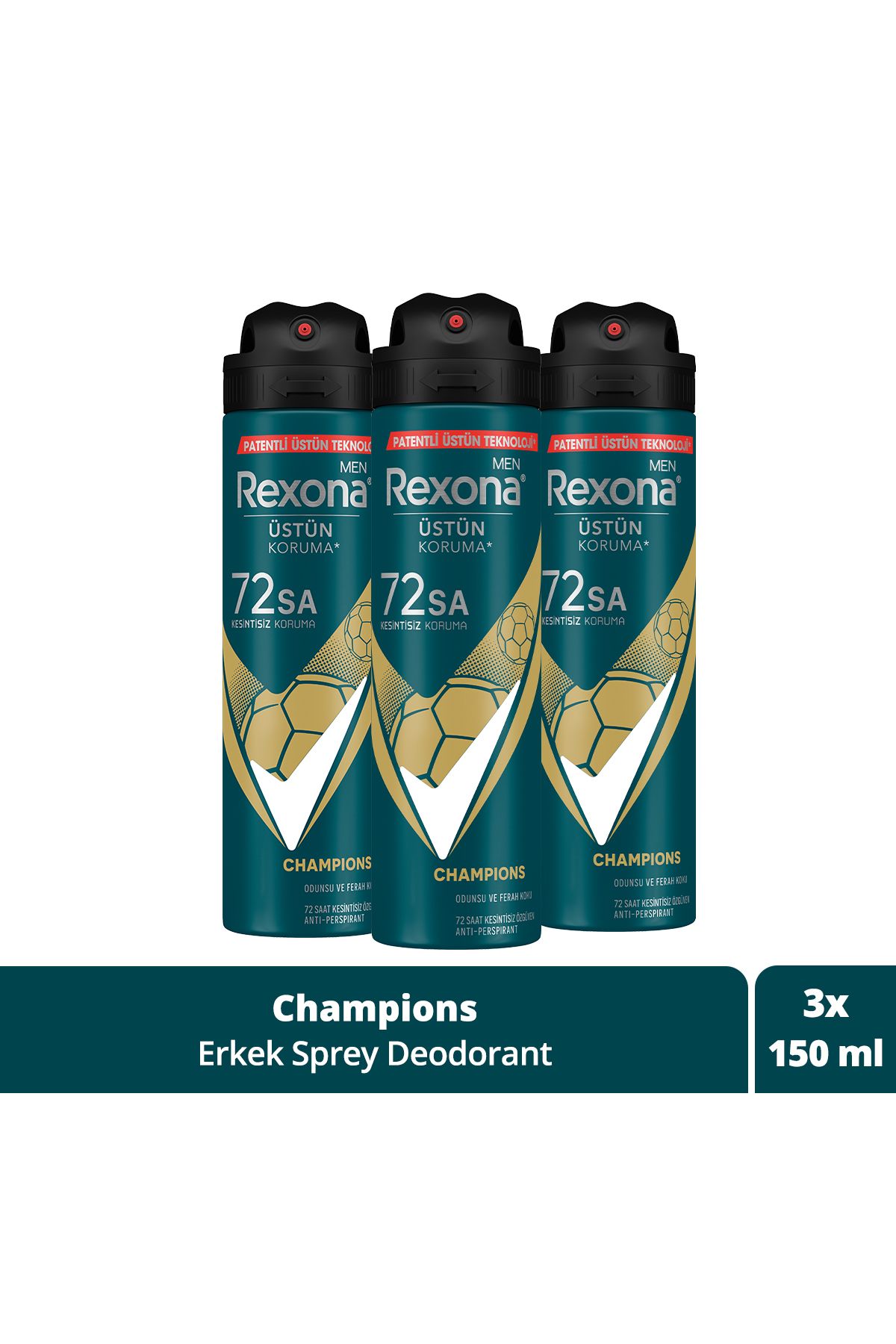 Rexona Men Erkek Sprey Deodorant Champions 72 Saat Kesintisiz Üstün Koruma 150 ml X3