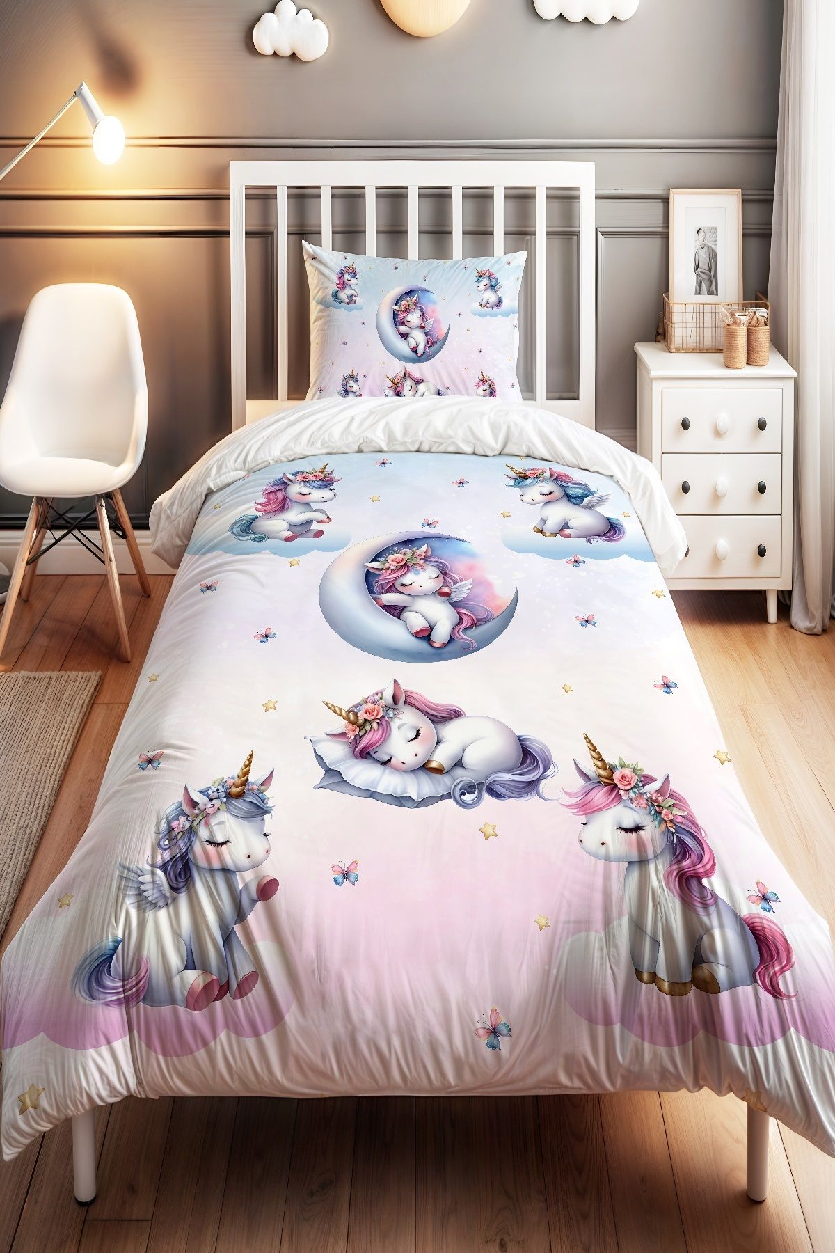 Evpanya Uyuyan Unicornlar Desenli Tek Kişilik Bebek Çocuk Nevresim Seti