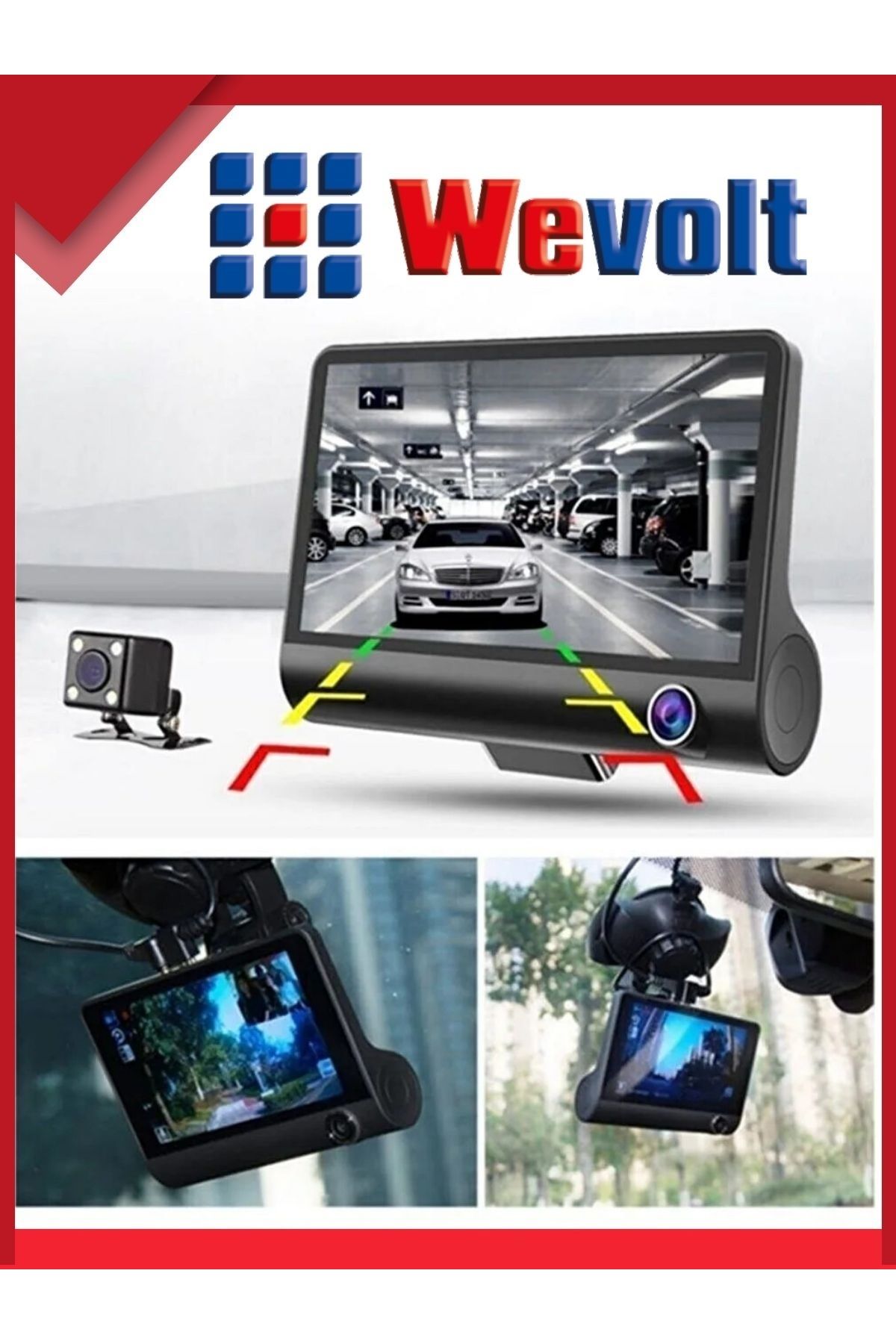 Wevolt 3 Kameralı 1080P Yol Kayıt Araç Kamerası(Türkçe Menü+Geri Görüş+G-Sensör)Üç Kameralı Araç Kamera