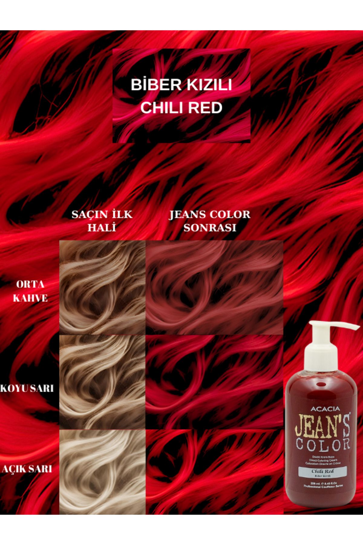 jeans color Amonyaksız Renkli Saç Boyası Biber Kızılı 250ml. Kokusuz Su Bazlı Chili Red Hair Dye