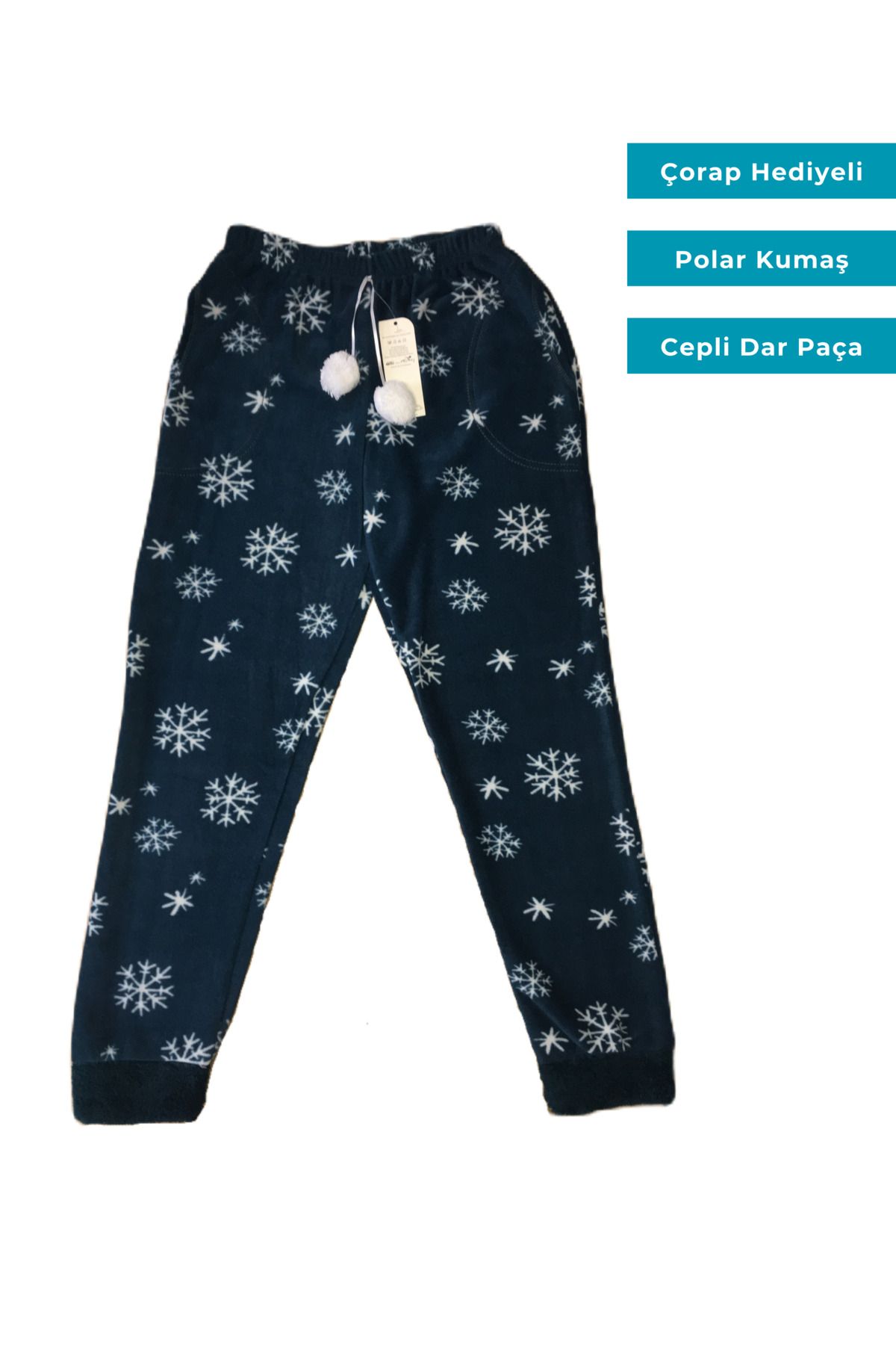 Ece Kadın Mavimsi Yeşil Renk Desenli Püsküllü Cepli Polar Pijama Altı Çorap Hediyeli