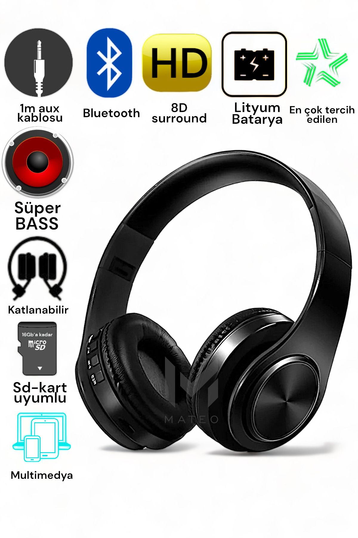 MATEO P68 Bluetooth Kablosuz Stereo Kulaklık Wireless, Aux Kablolu