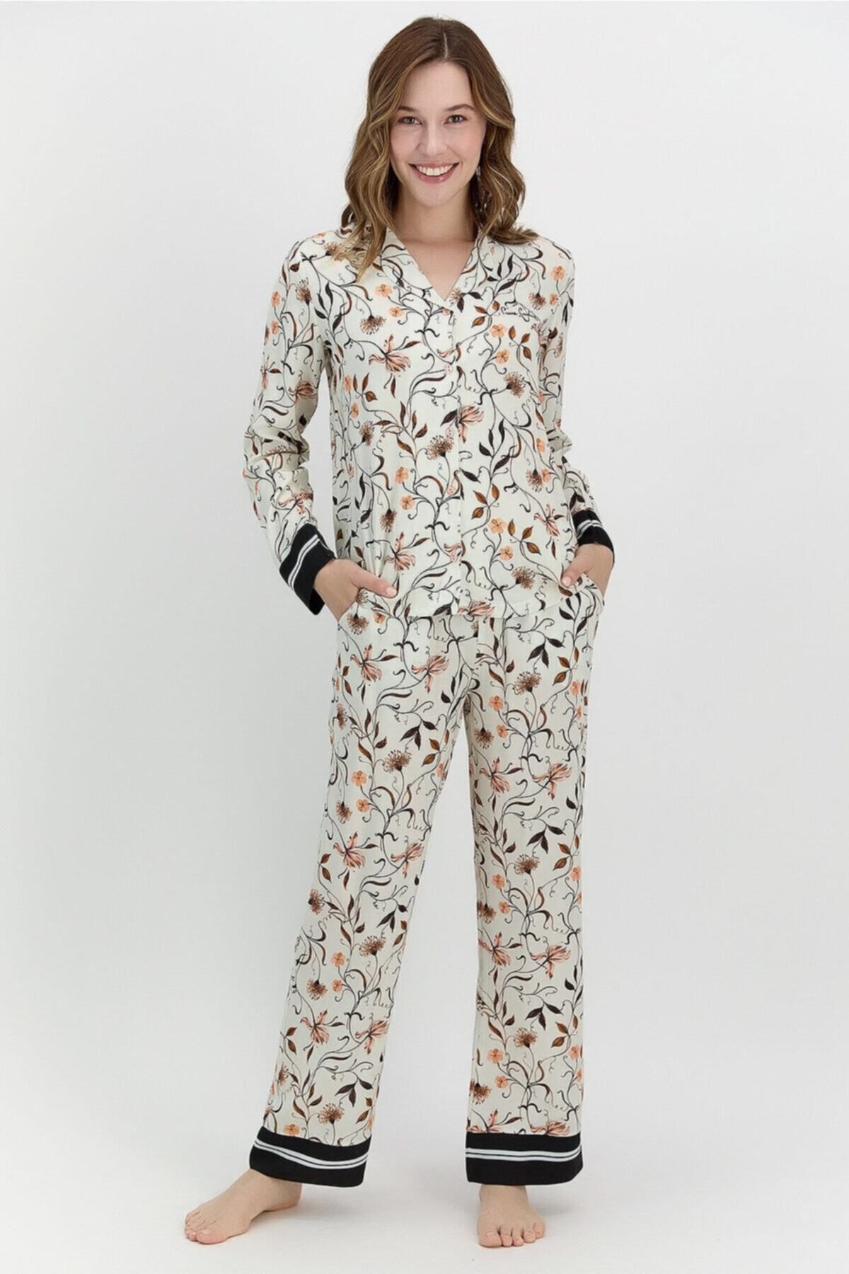 Pierre Cardin Çiçekli Mocha Kadın Gömlek Pijama Takımı Pc8036-s