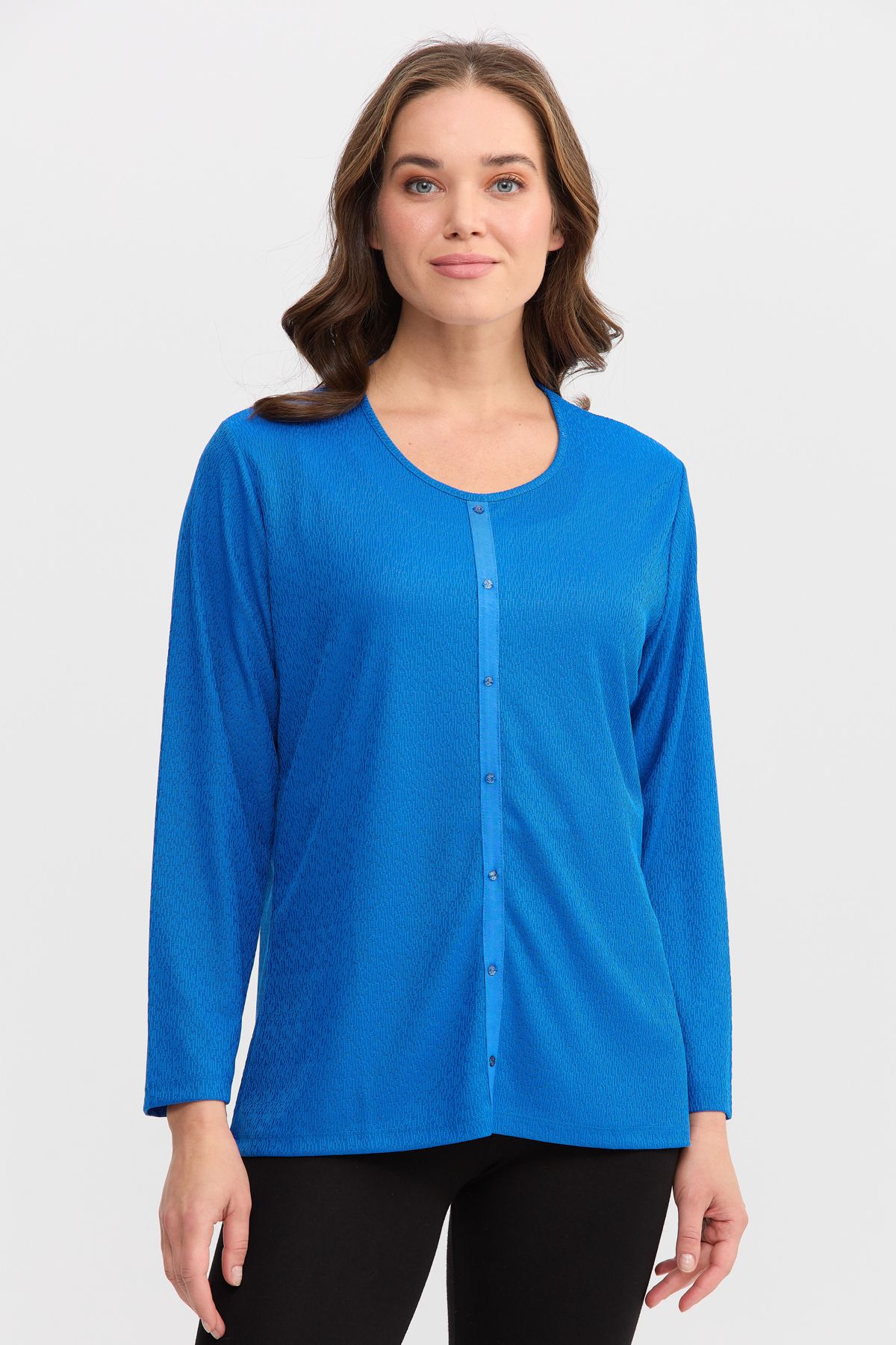 Desen Triko Kadın Sıfır Yaka Sedefli Bluz Saks Mavi