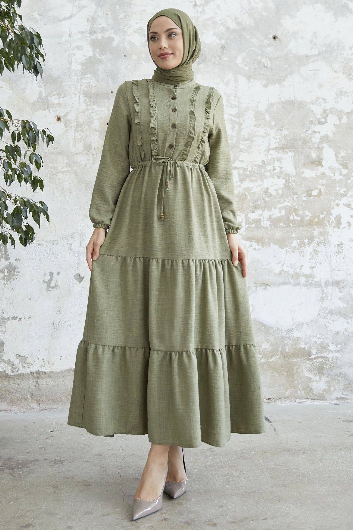 InStyle Fırfırlı Detay Düğmeli Ayrobin Elbise - Mint