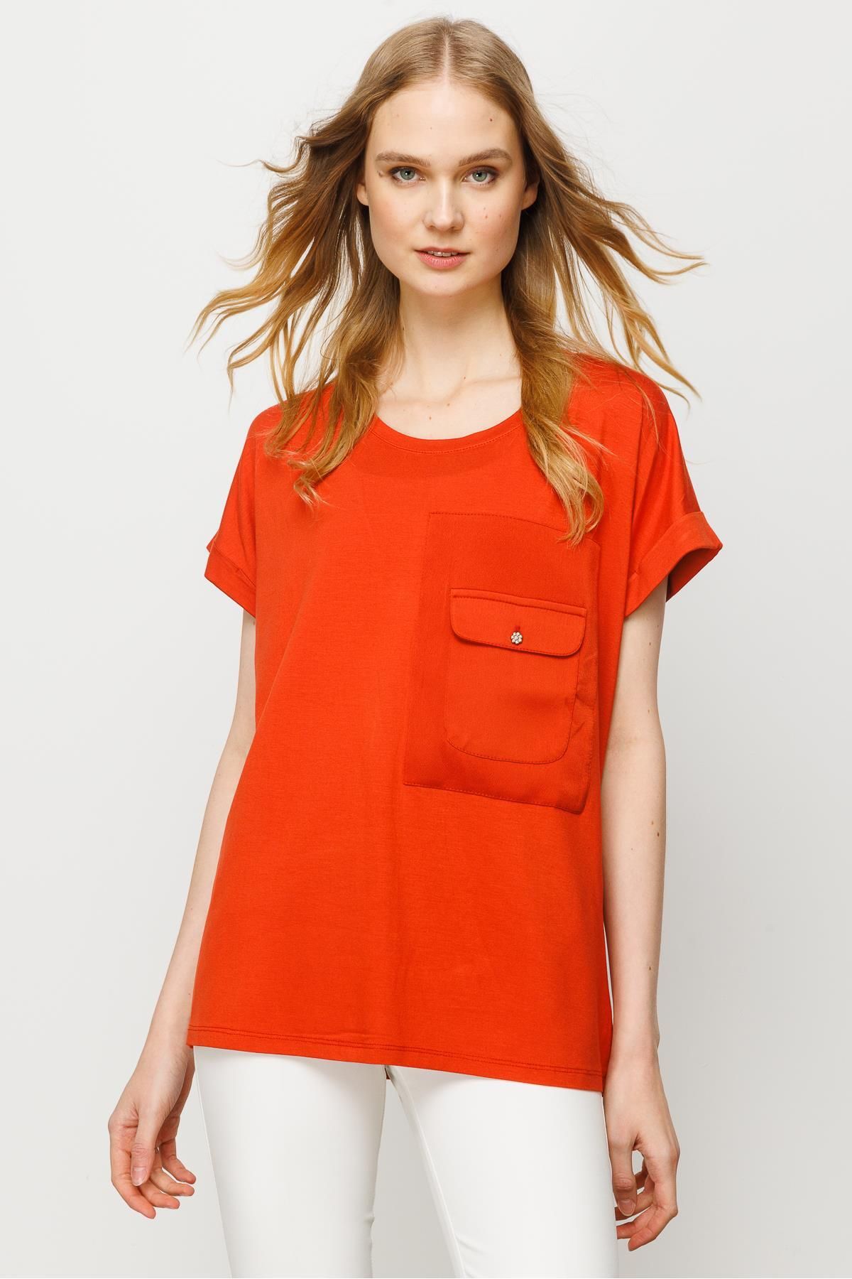 Desen Triko Kadın Sıfır Yaka Cebi Saten Penye T-shirt Oranj