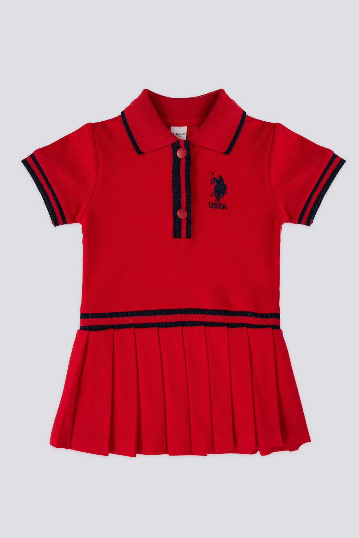 U.S. Polo Assn. Kız Bebek, Lisanslı, USPA, Classic, Polo Yaka, Pileli % 100 Pamuk Elbise
