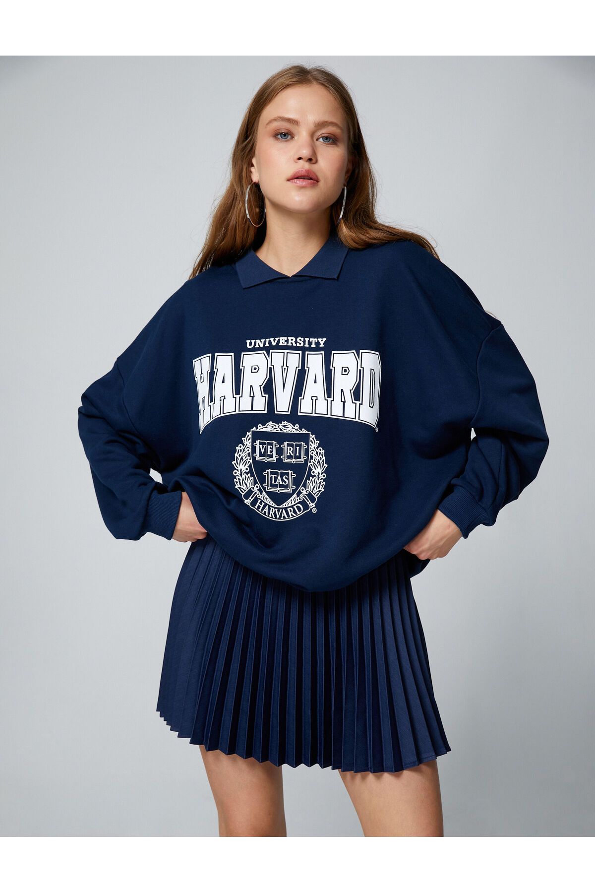 Koton Oversize Sweatshirt Harvard Lisanslı Polo Yaka Baskılı