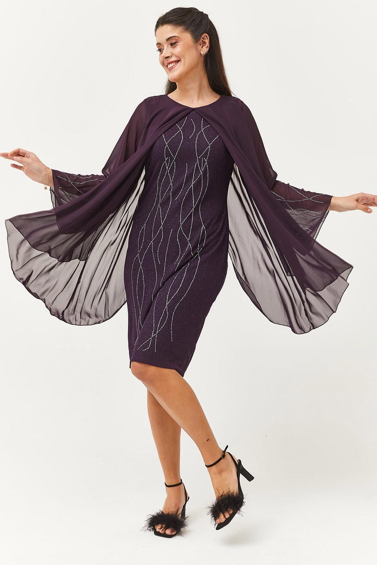 Ebsumu Kadın Büyük Beden Taş Desen Şifon Kol Detaylı Mor Abiye & Gece Elbisesi