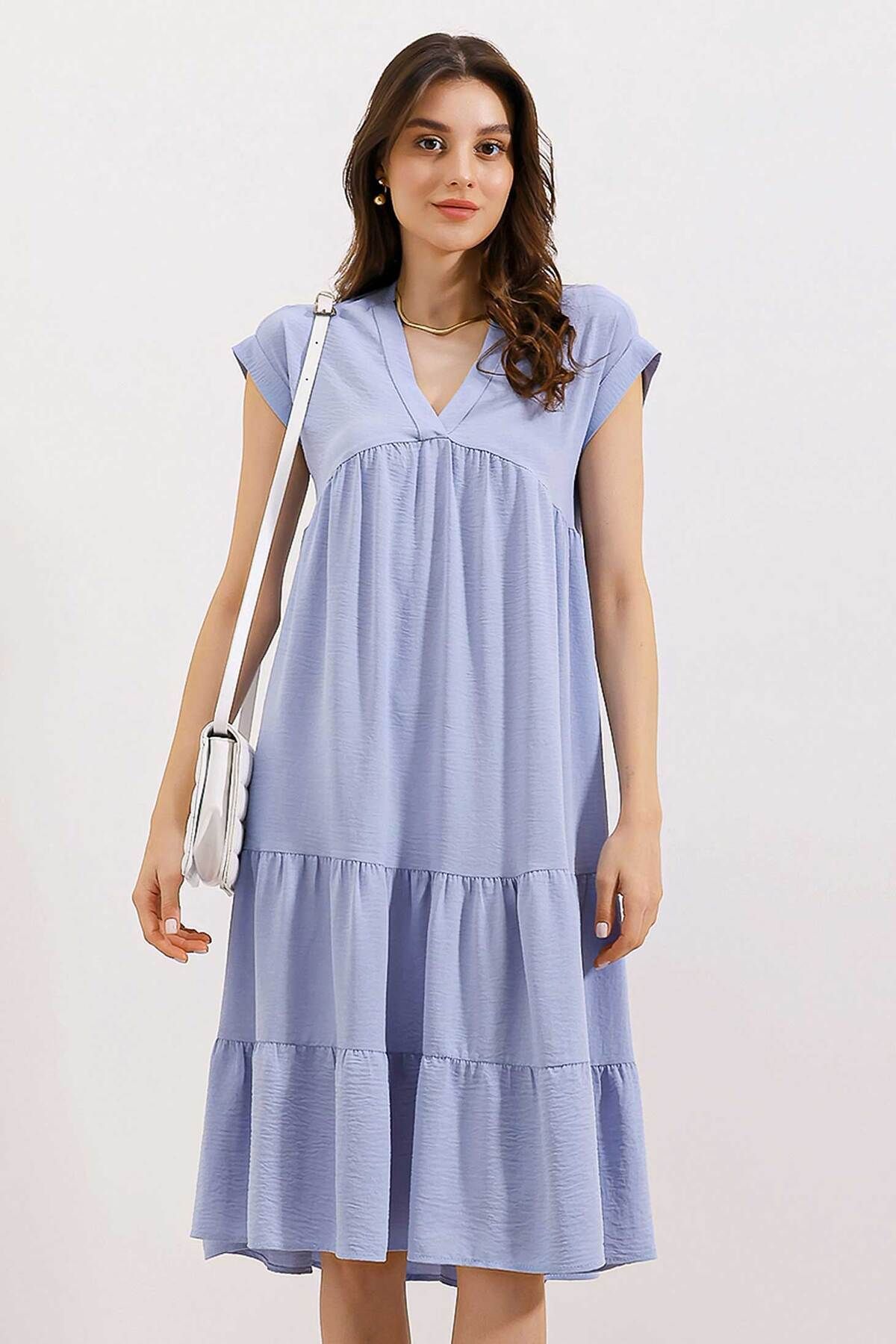 Bigdart 2398 V Yaka Volanlı Elbise - Mavi