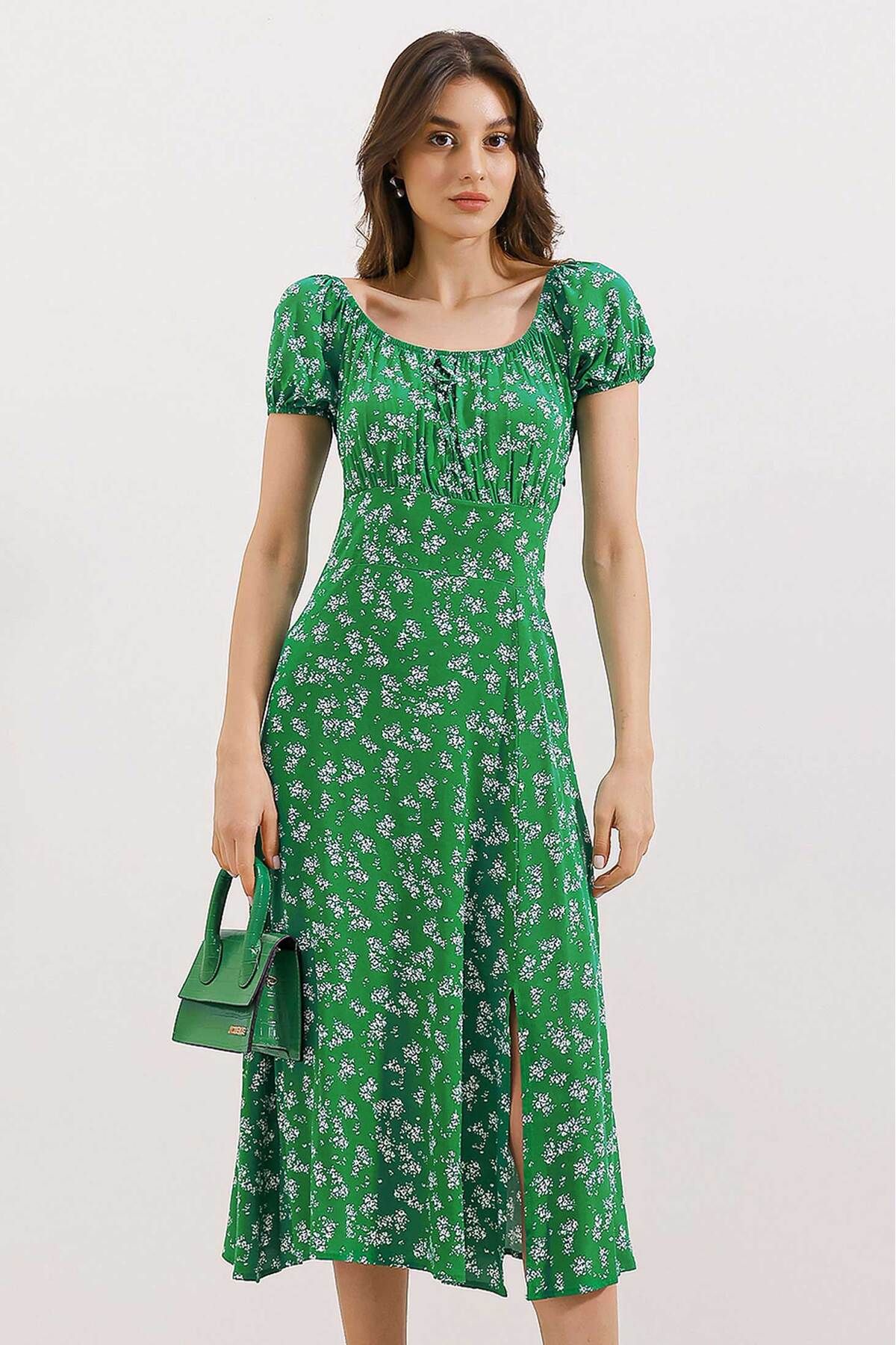 Bigdart 2427 Yırtmaçlı Çiçekli Viskon Elbise - Yeşil