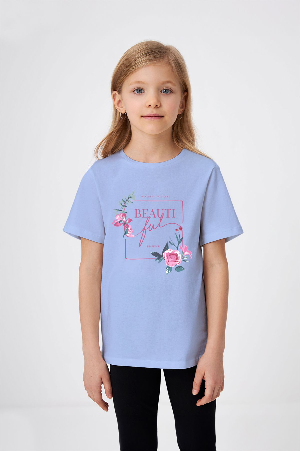 ADABEBEK Beautı Yazılı Çiçek Desenli Kız Çocuk Tişört