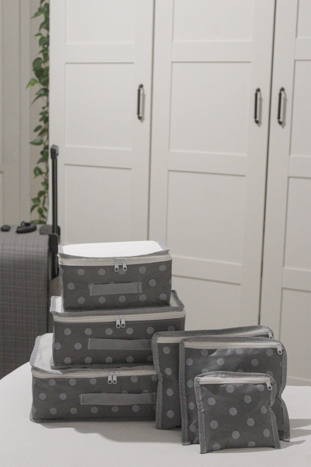 adarya 6'lı Valiz Düzenleyici Bavul Içi Organizer Set - Seyahat Hurcu - Puantiye Desen (Antrasit)