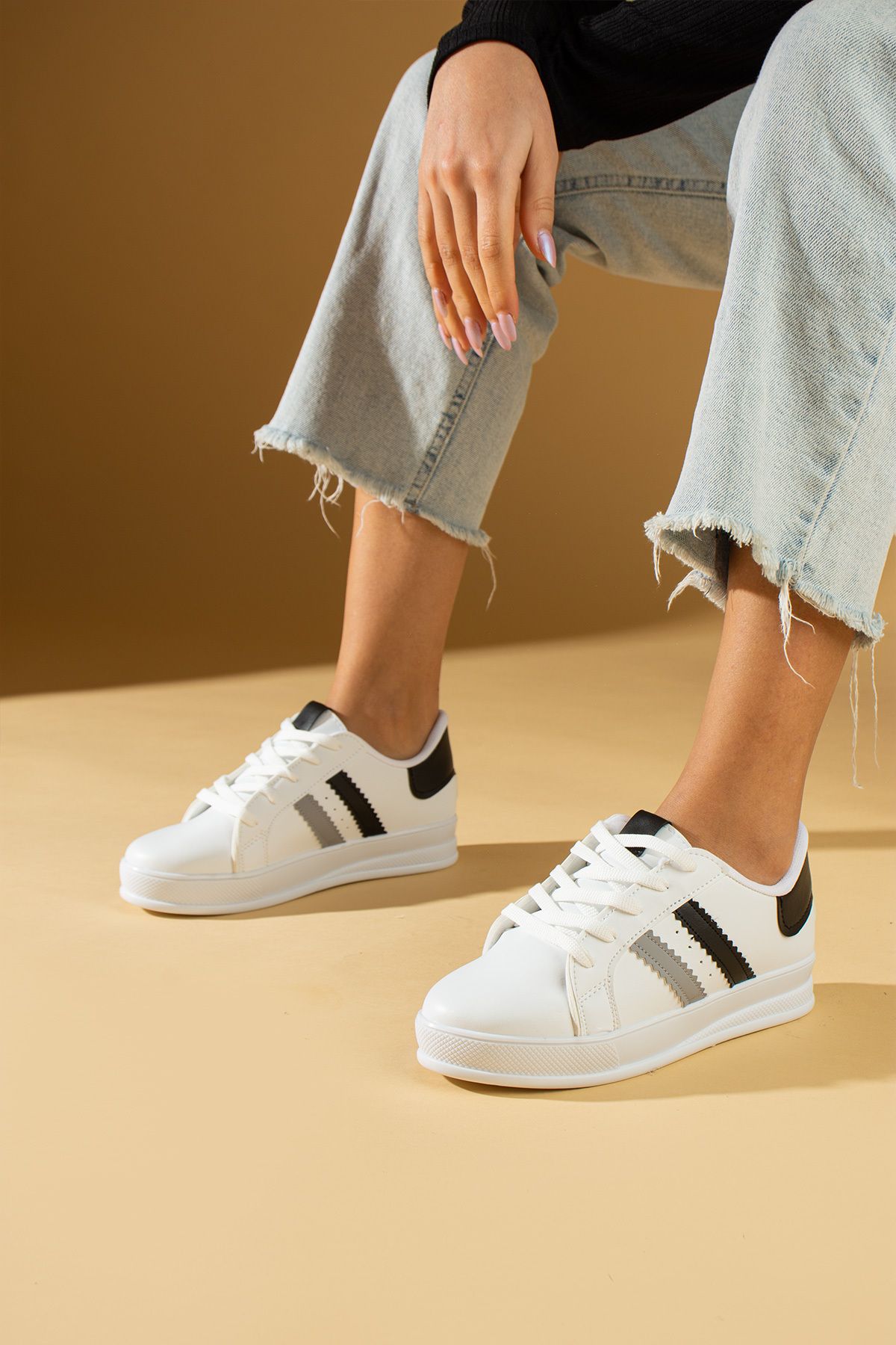 Pembe Potin Beyaz Siyah Kadın Spor Sneaker Bağcıklı Günlük Rahat Taban Ayakkabı