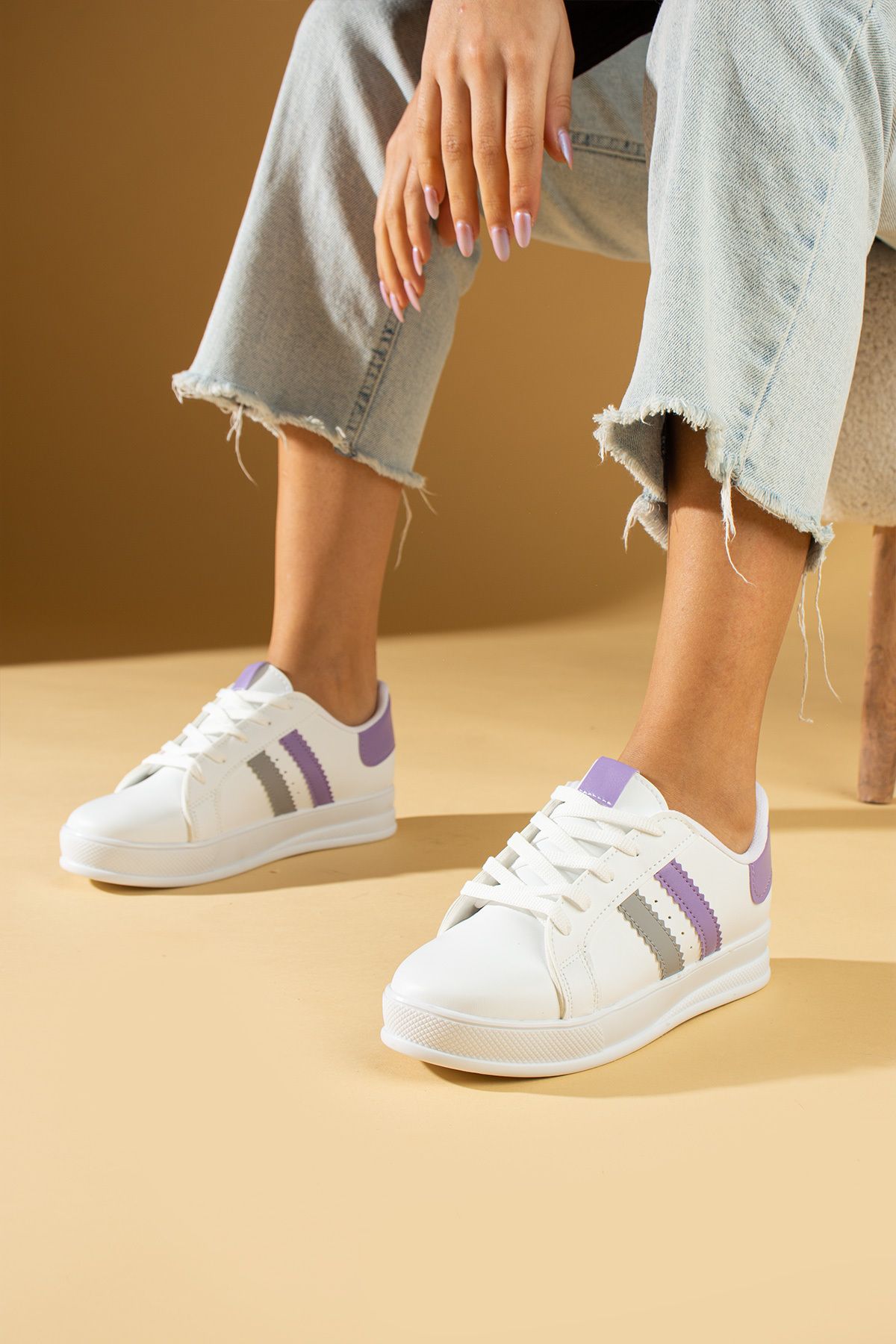 Pembe Potin Beyaz Lila Kadın Spor Sneaker Bağcıklı Günlük Rahat Taban Ayakkabı