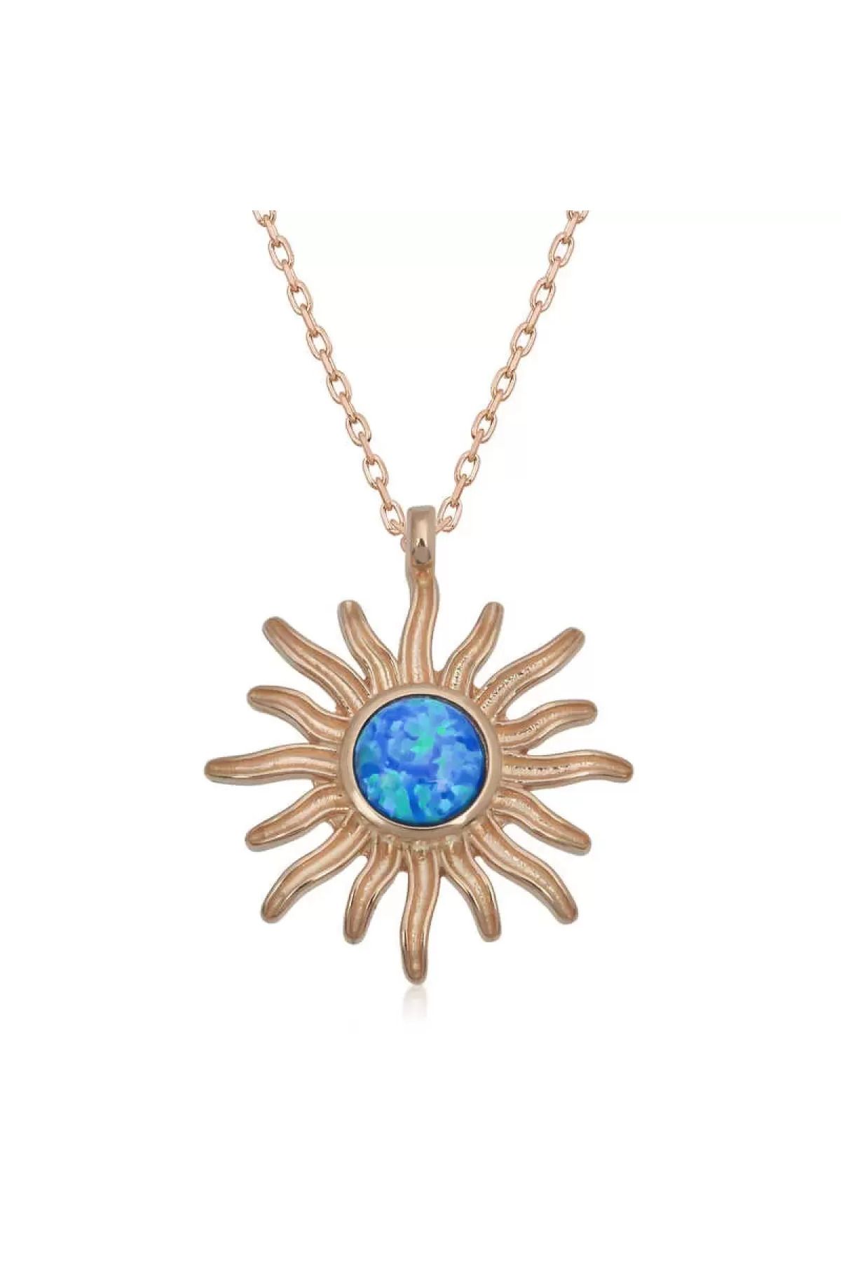Gumush Gümüş Rose Mavi Opal Taşlı Güneş Kadın Kolye (FİNDİT)