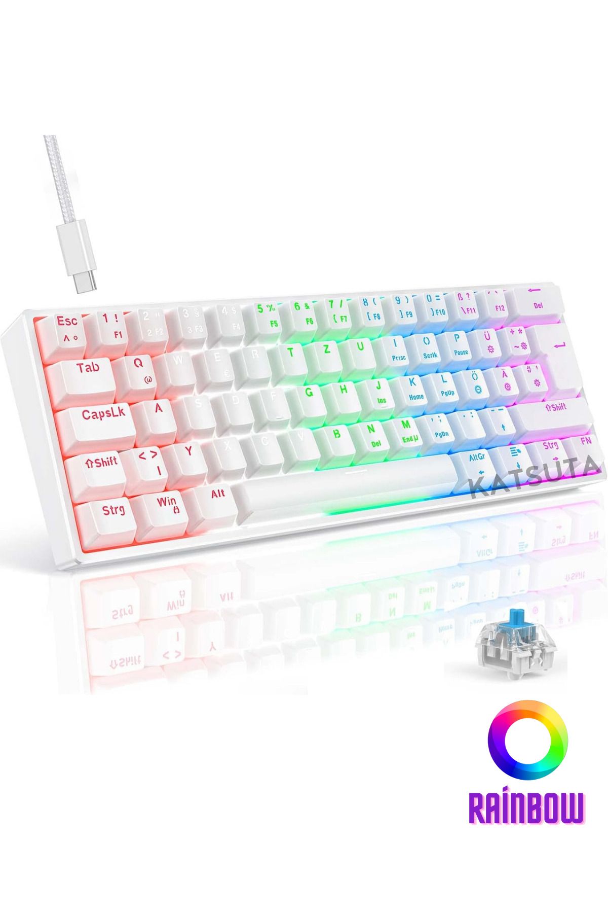 Katsuta Blue Switch Mekanik Rainbow 19 Mod Led Işıklı Mini 62 Tuşlu Gaming Oyuncu klavyesi