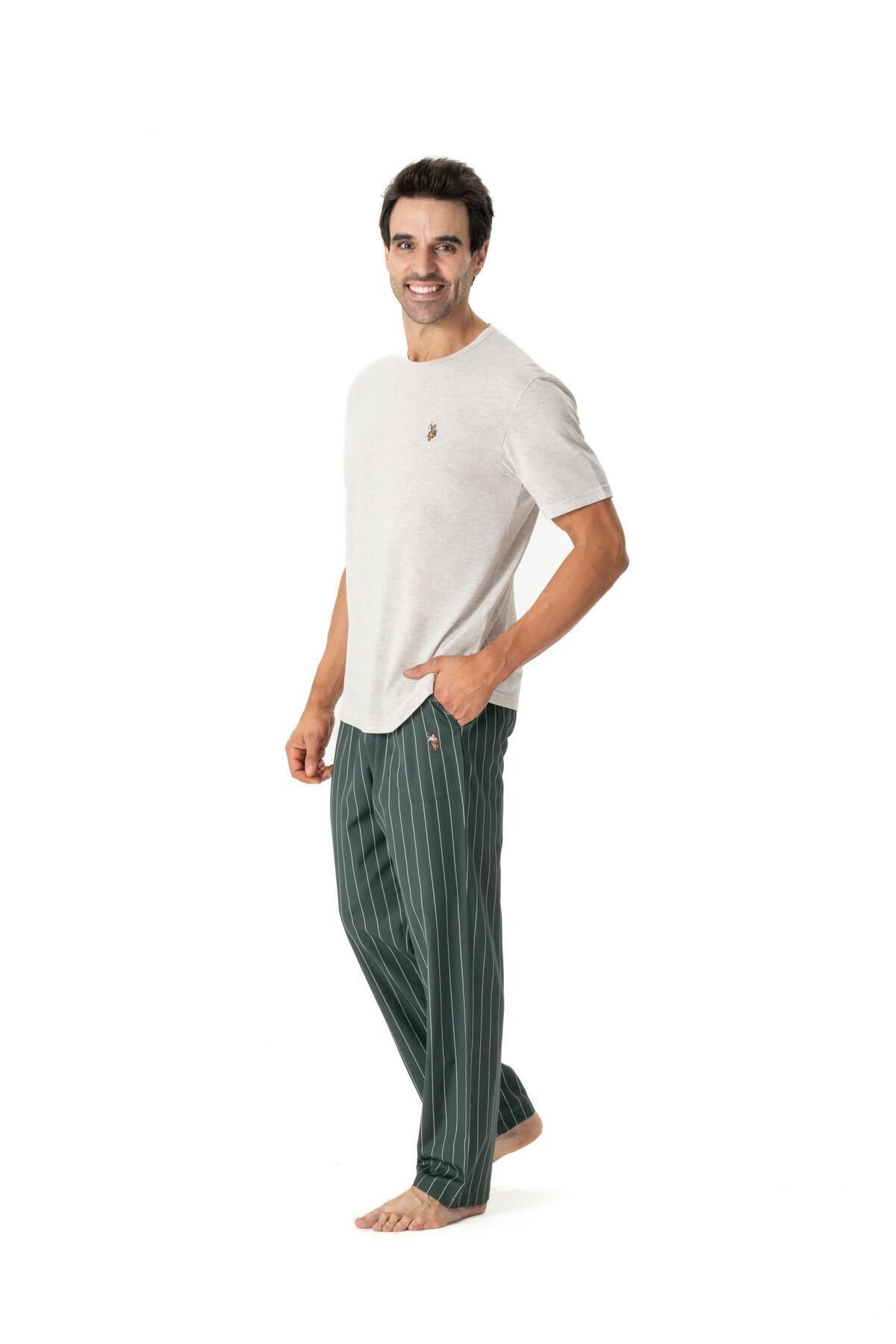 U.S. Polo Assn. U.S. Polo Assn. Erkek Yuvarlkar Yaka T-shirt & Düz Paça Pijama Altı Bej Yazlık Pijama Takımı