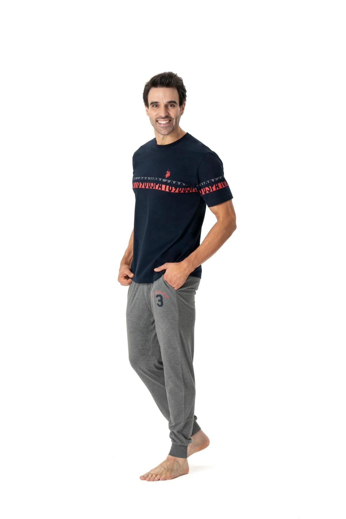 U.S. Polo Assn. U.S. Polo Assn. Erkek Lacivert Yuvarlak Yaka T-shirt & Dar Paça Pijama Altı Yazlık Pijama Takımı