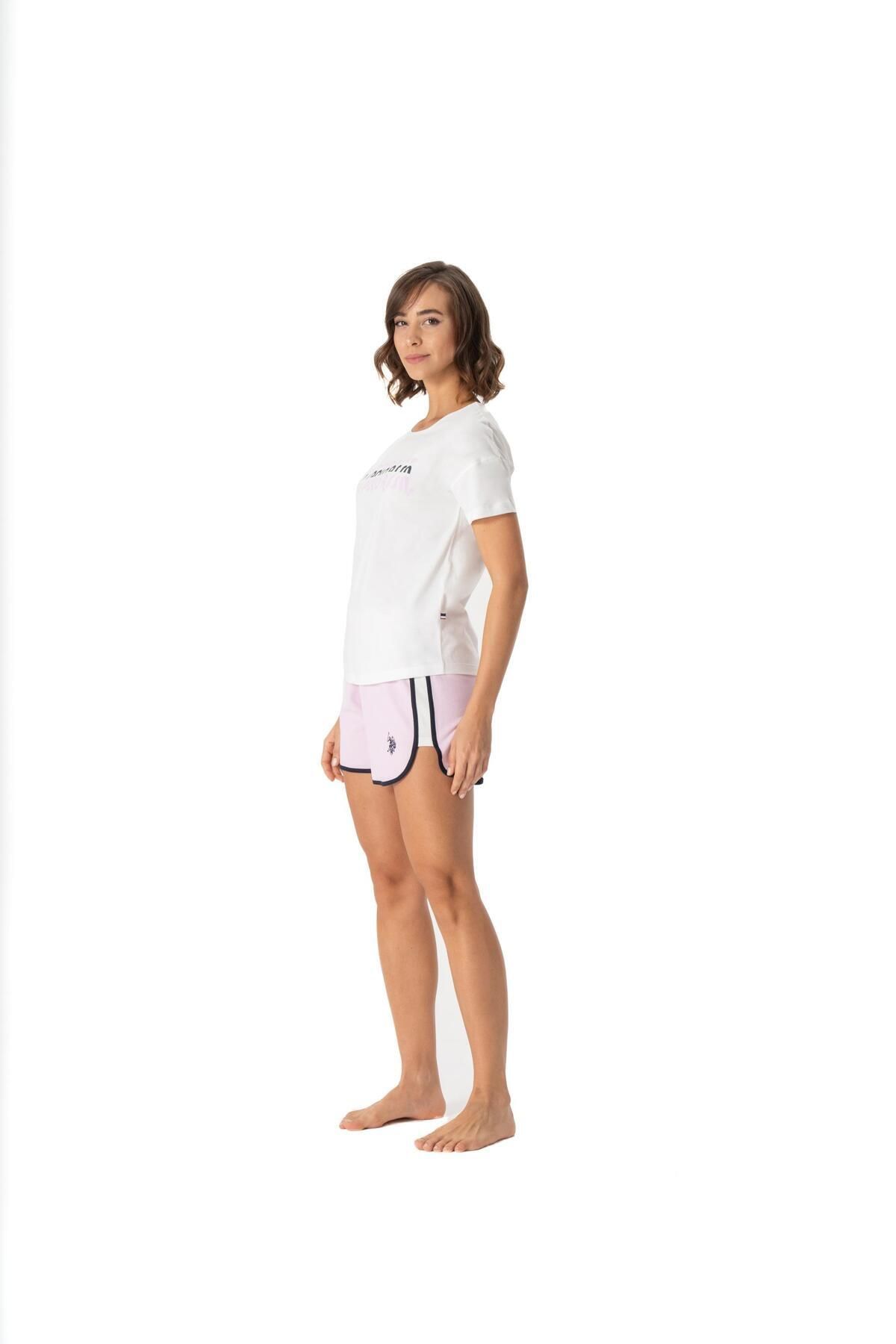 U.S. Polo Assn. U.S. Polo Assn. Kadın Ekru Geniş Yaka T-Shirt & Şort Yazlık Pijama Takımı