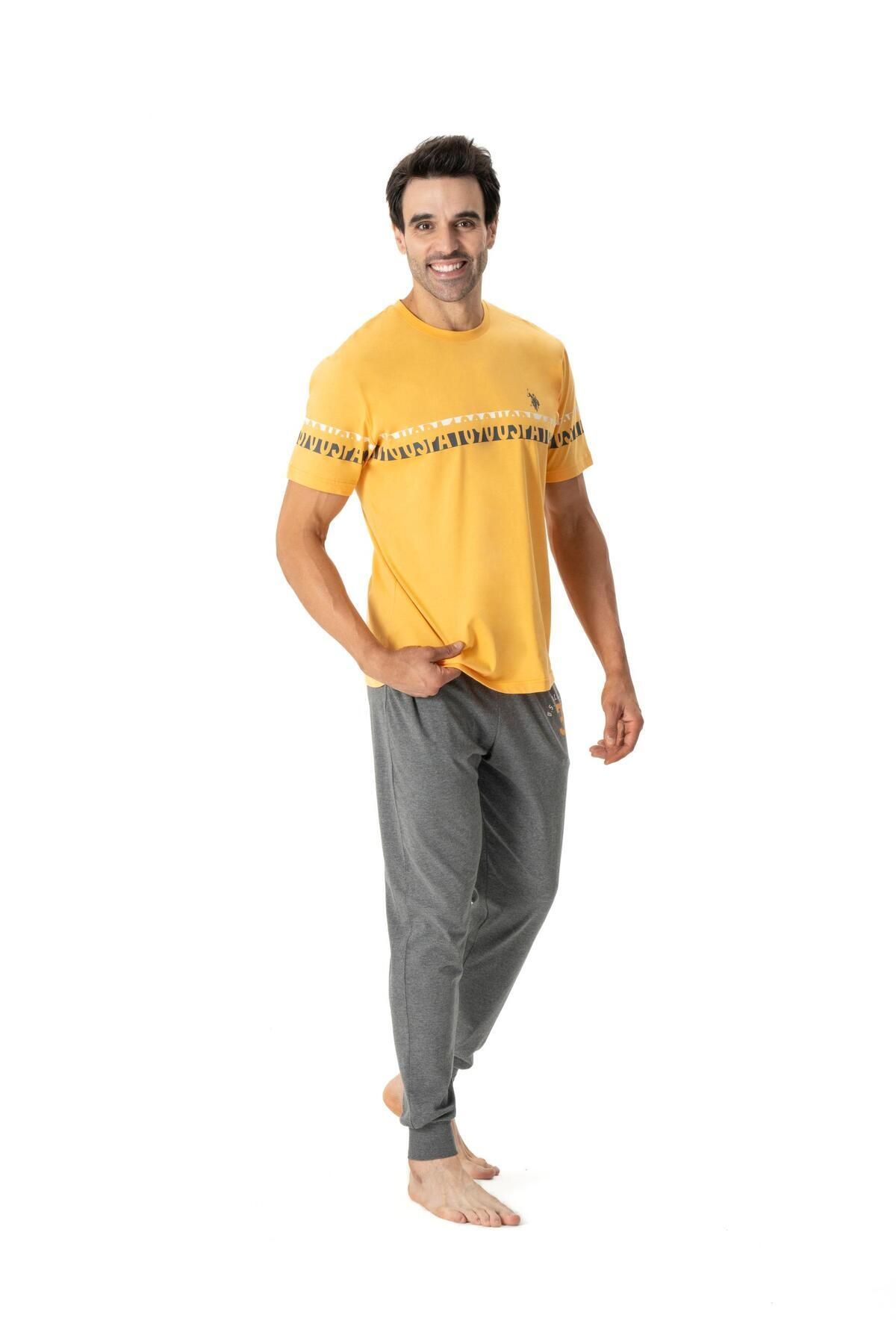 U.S. Polo Assn. U.S. Polo Assn. Erkek Sarı Yuvarlak Yaka T-shirt & Dar Paça Pijama Altı Yazlık Pijama Takımı