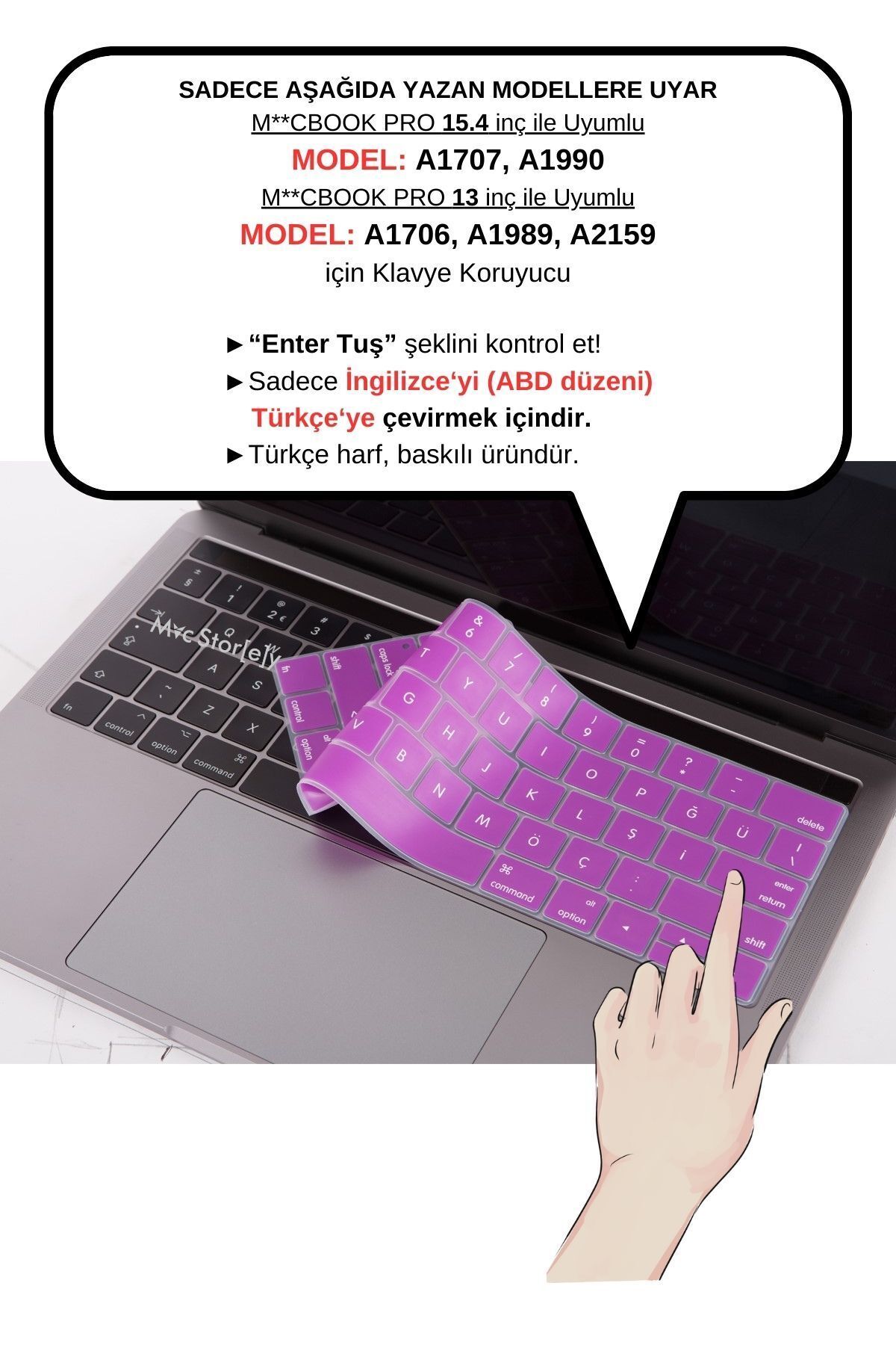 Mcstorey Macbook Pro Klavye Koruyucu (US TO TR) 13inç A1706 A1989 A2159 / 15inç A1707 A1990 Ile Uyumlu