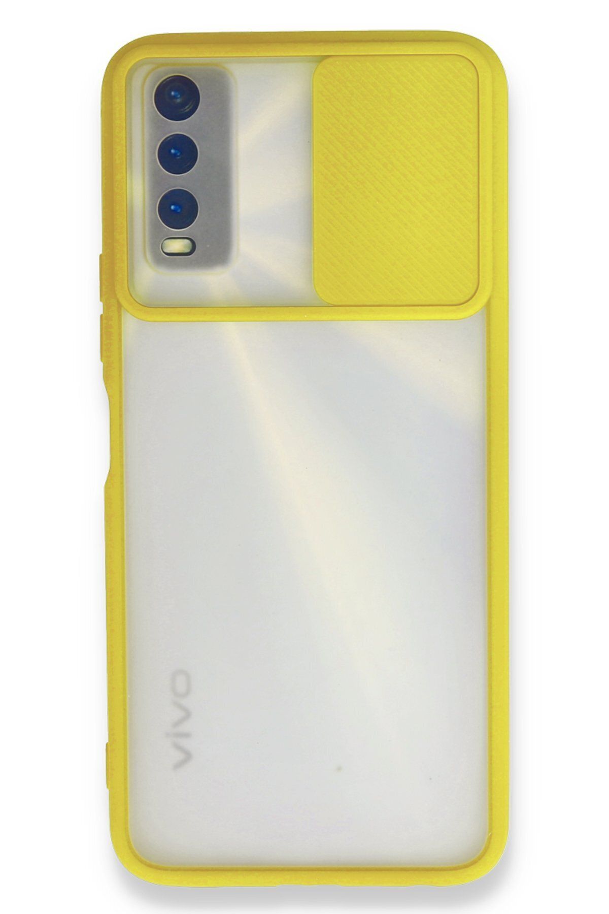 cepmoda Vivo Y20 Sarı Renk Kamera Sürgülü Telefon Kılıfı - Buzlu Mat Kapak