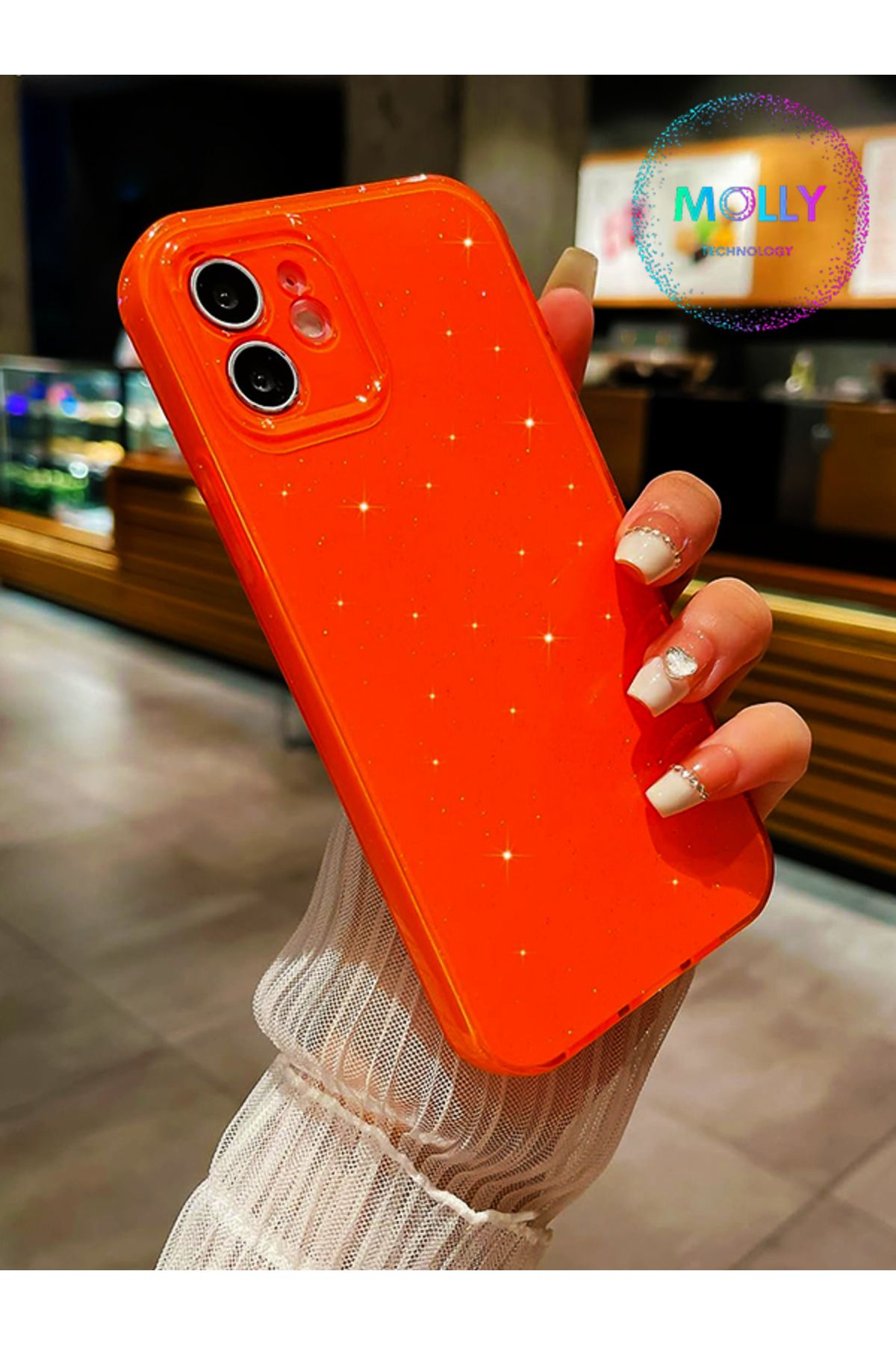 Molly iPhone 11 İçin Turuncu Berry Simli Parlak Silikon Kılıf