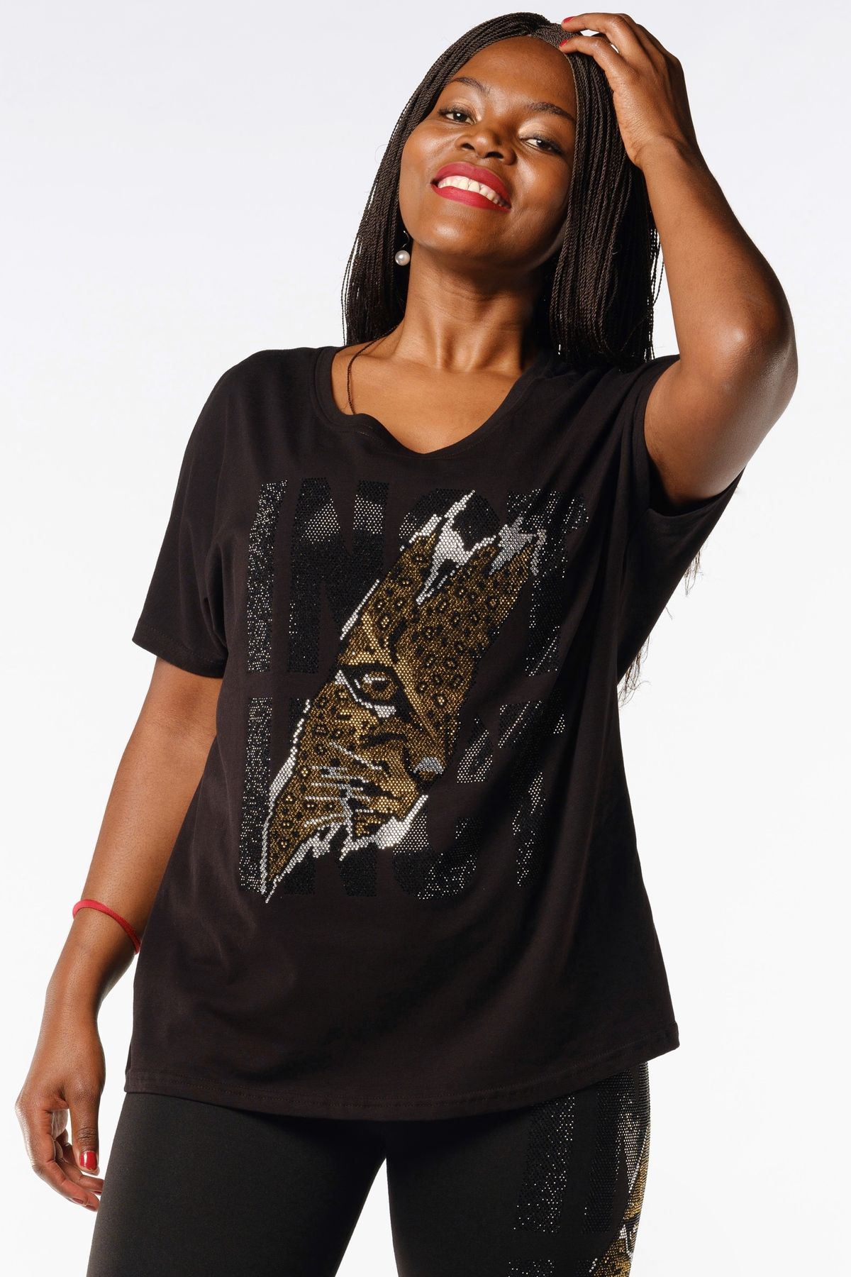 RICH GLAM Bol Kalıp Kaplan Crystal Taşlı Büyük Beden Siyah Pamuk Şık Rahat Kadın T-shirt