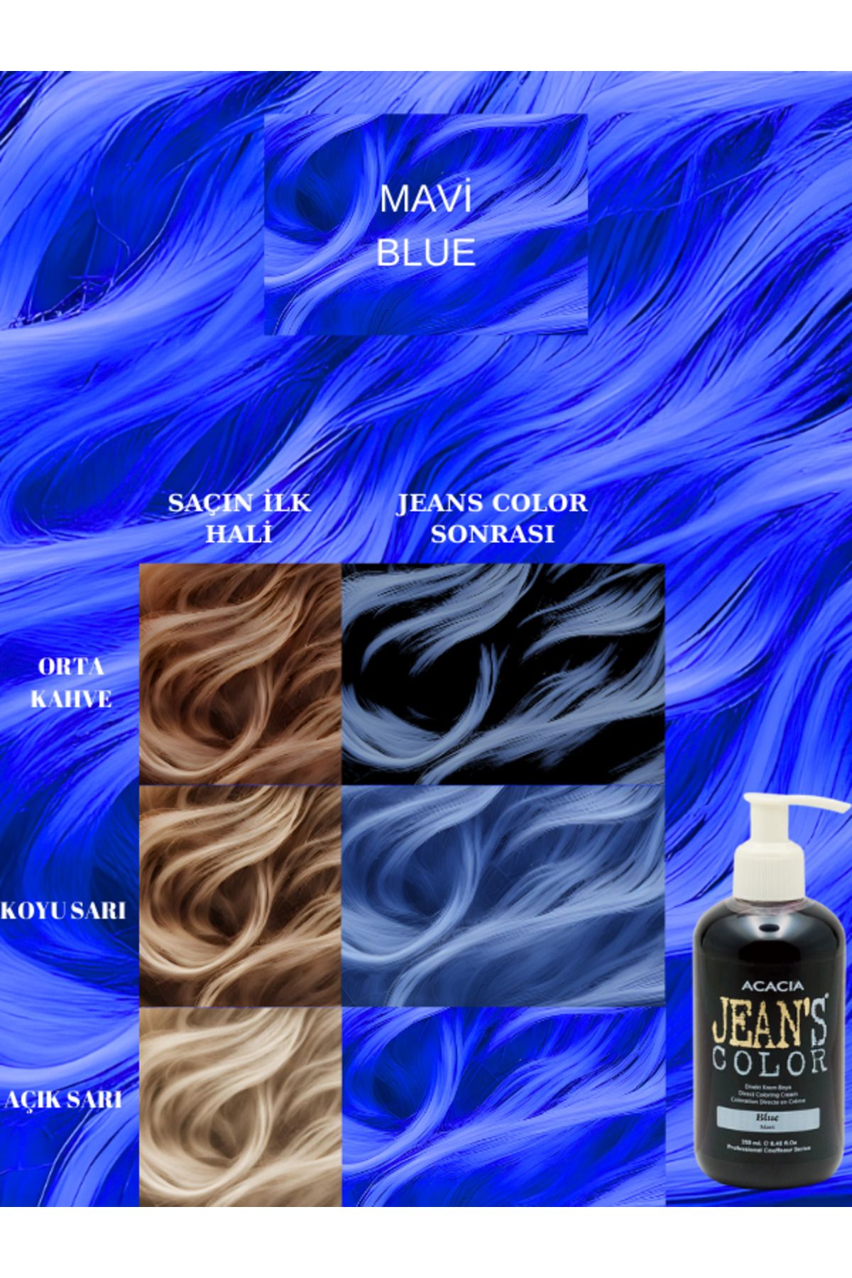 jeans color Amonyaksız Mavi Renkli Saç Boyası 250 ml Kokusuz Su Bazlı Blue Hair Dye