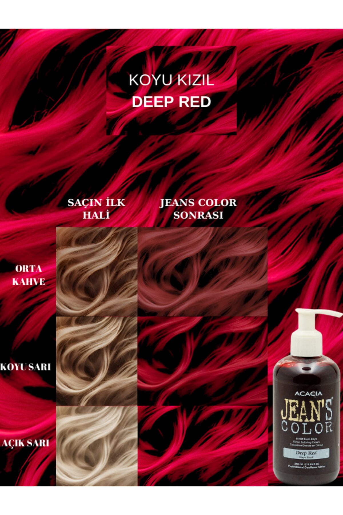 jeans color Amonyaksız Renkli Saç Boyası Koyu Kızıl 250ml. Kokusuz Su Bazlı Deep Red Hair Dye