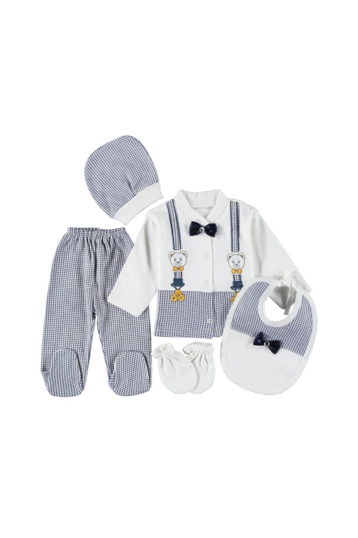 teknotrust Pamuklu (KUTULU) Ayıcıklı Lacivert Papyonlu Yenidoğan Kıyafetleri Bebek Kıyafetleri 5’li Hastahane