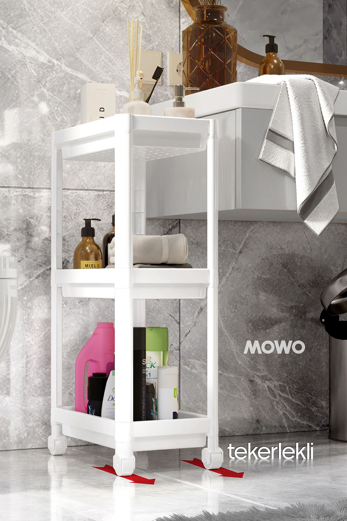 Mowo Home 3 Katlı Tekerlekli Düzenleyici Raf Beyaz, Banyo Dolabı, Mutfak Rafı, Düzenleyici, Organizer Raf