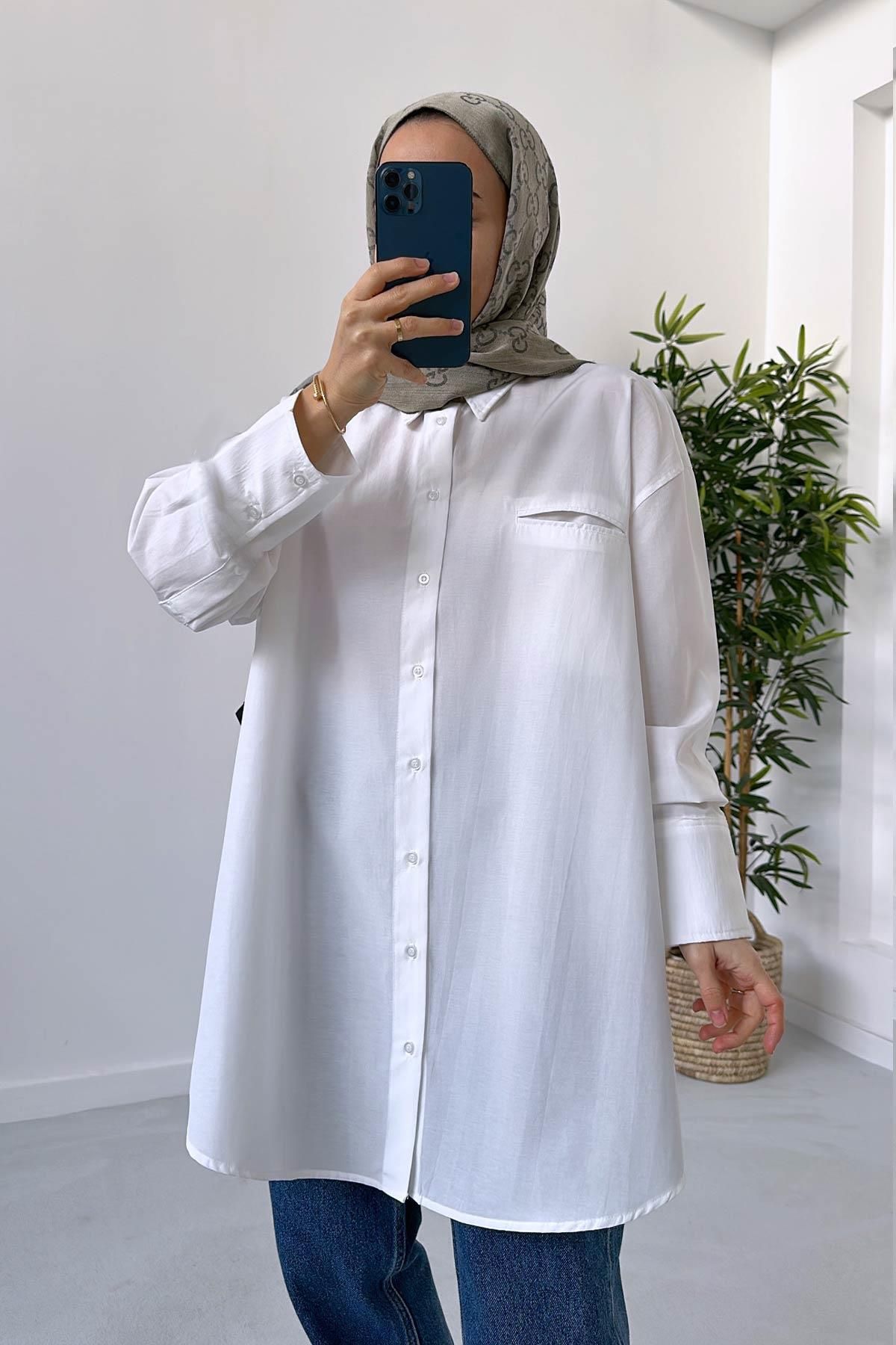 Ka Hijab Kalın Manşet Oversize Gömlek - Beyaz